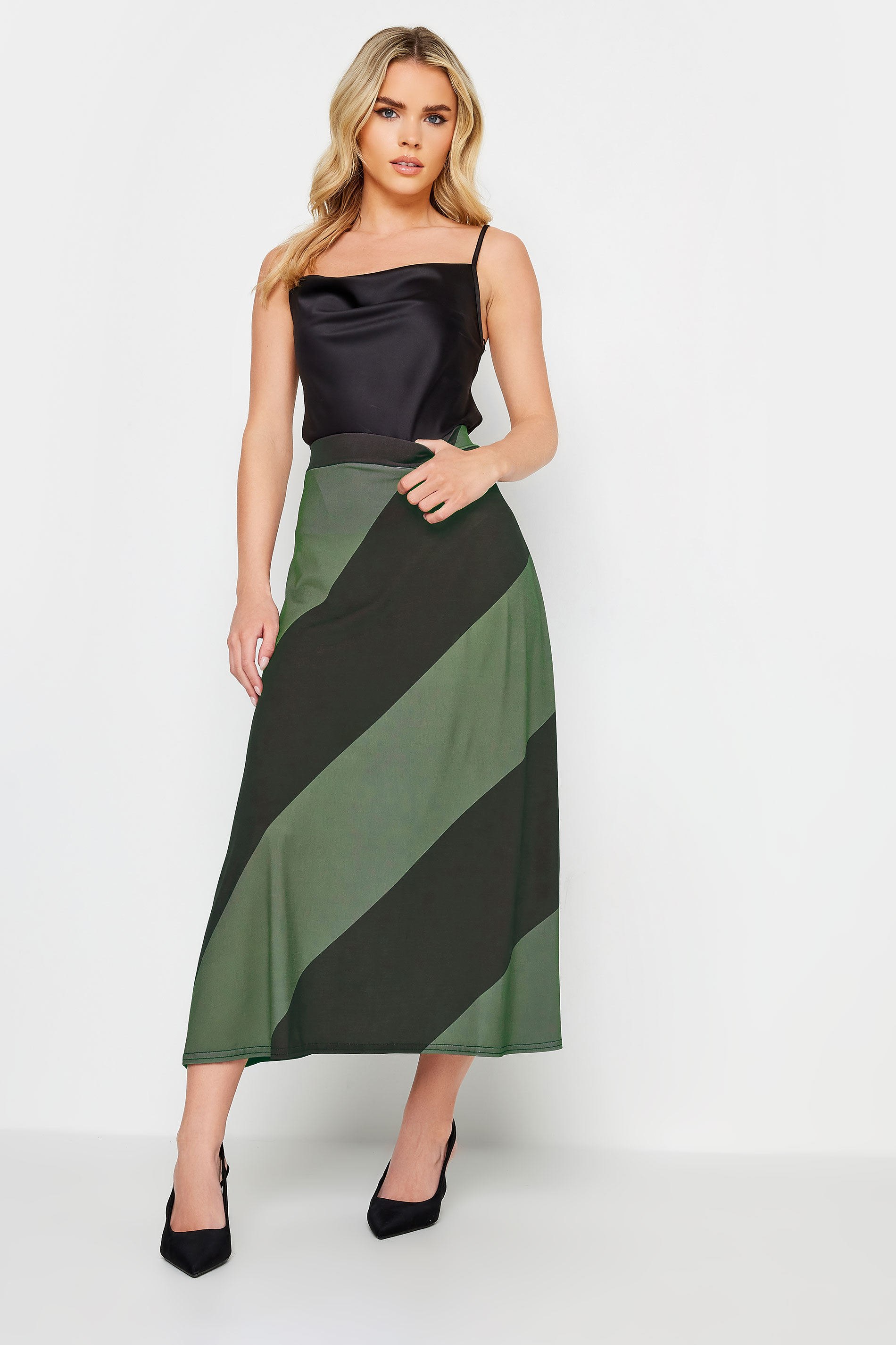 PixieGirl Green Diagonal Stripe Maxi Skirt | PixieGirl 1
