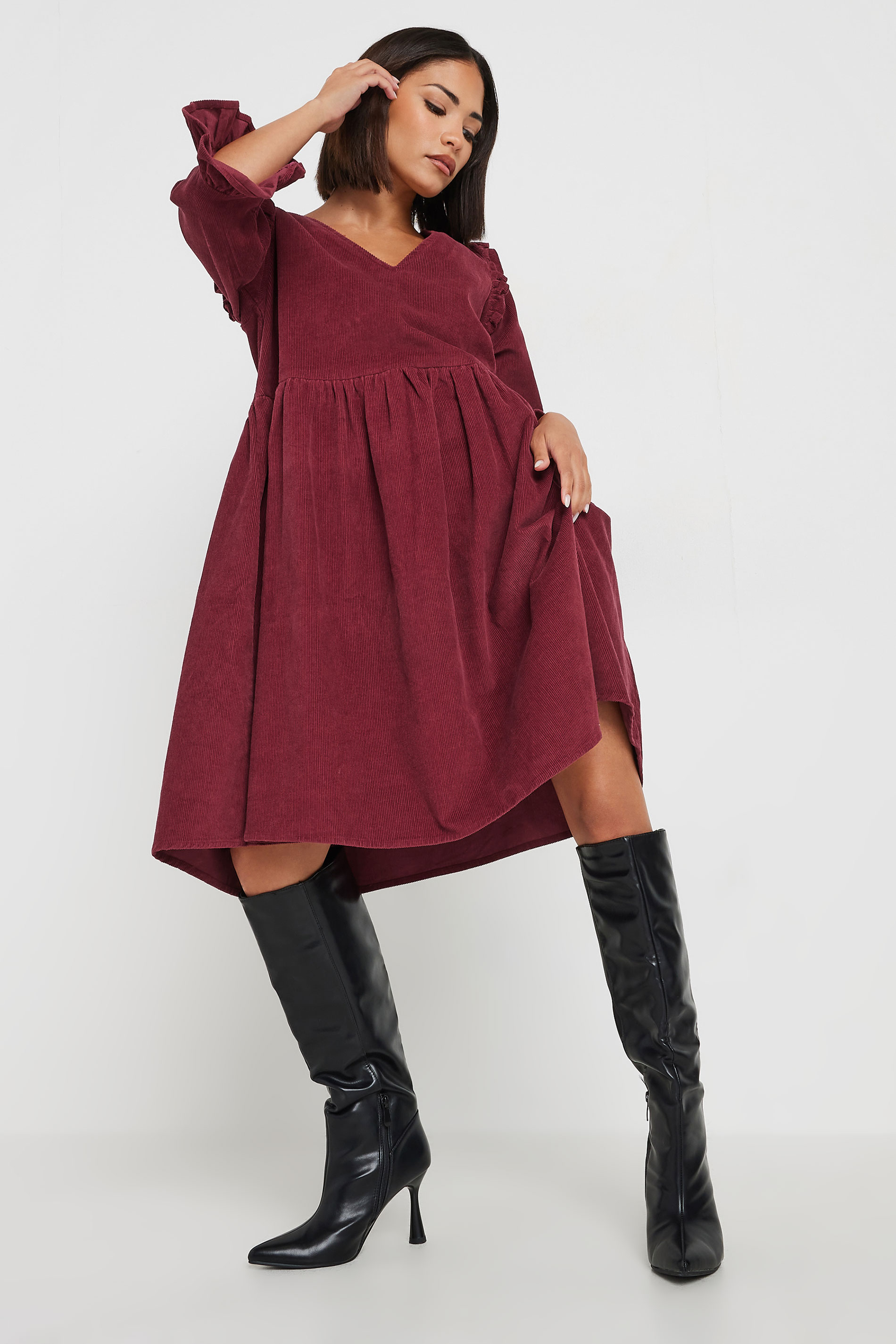 PixieGirl Petite Women's Burgundy Red Cord Detail Frill Smock Dress | PixieGirl 2