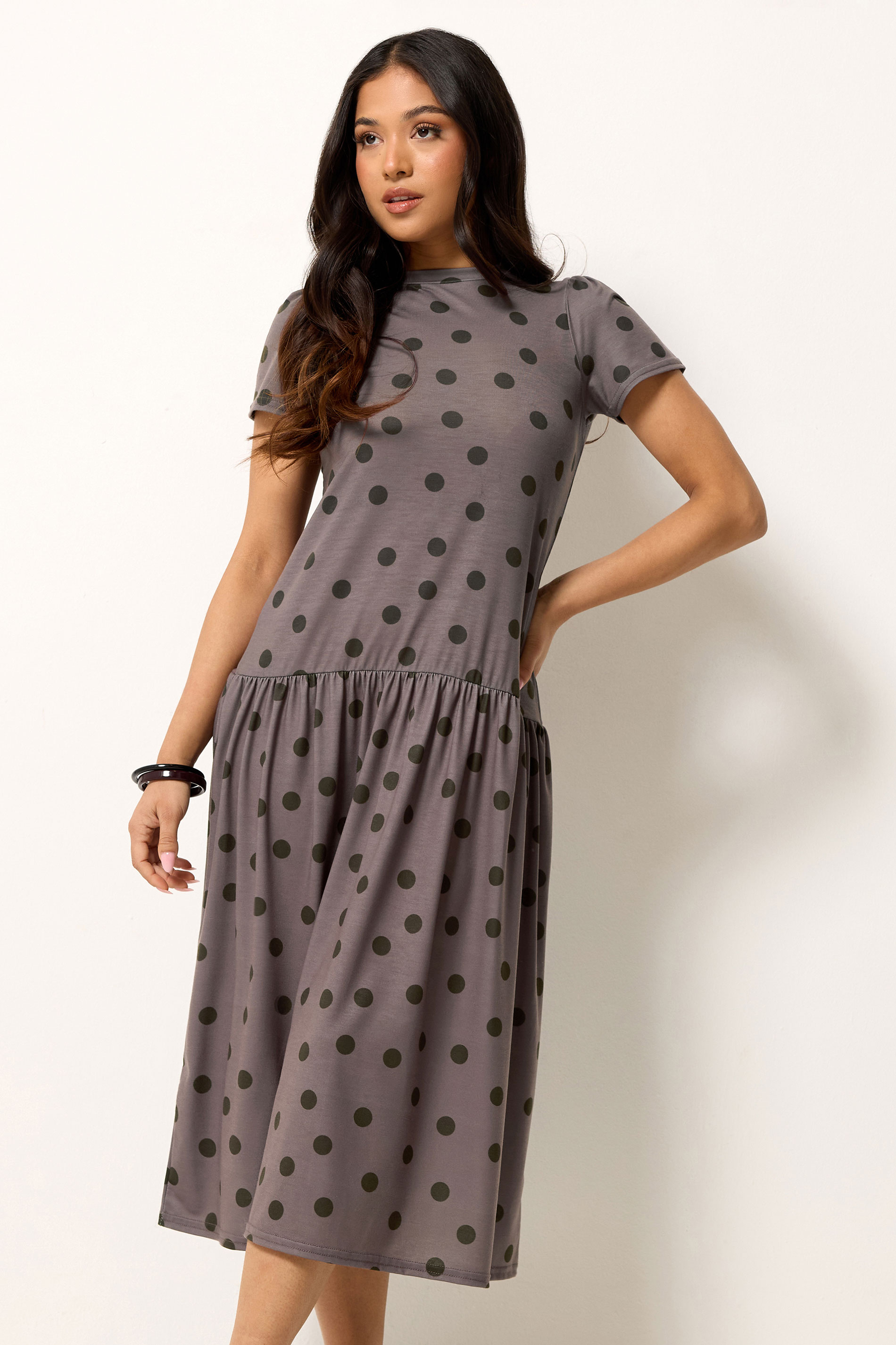 PixieGirl Petite Women's Chocolate Brown Polka Dot Drop Waist Maxi Dress | PixieGirl 1
