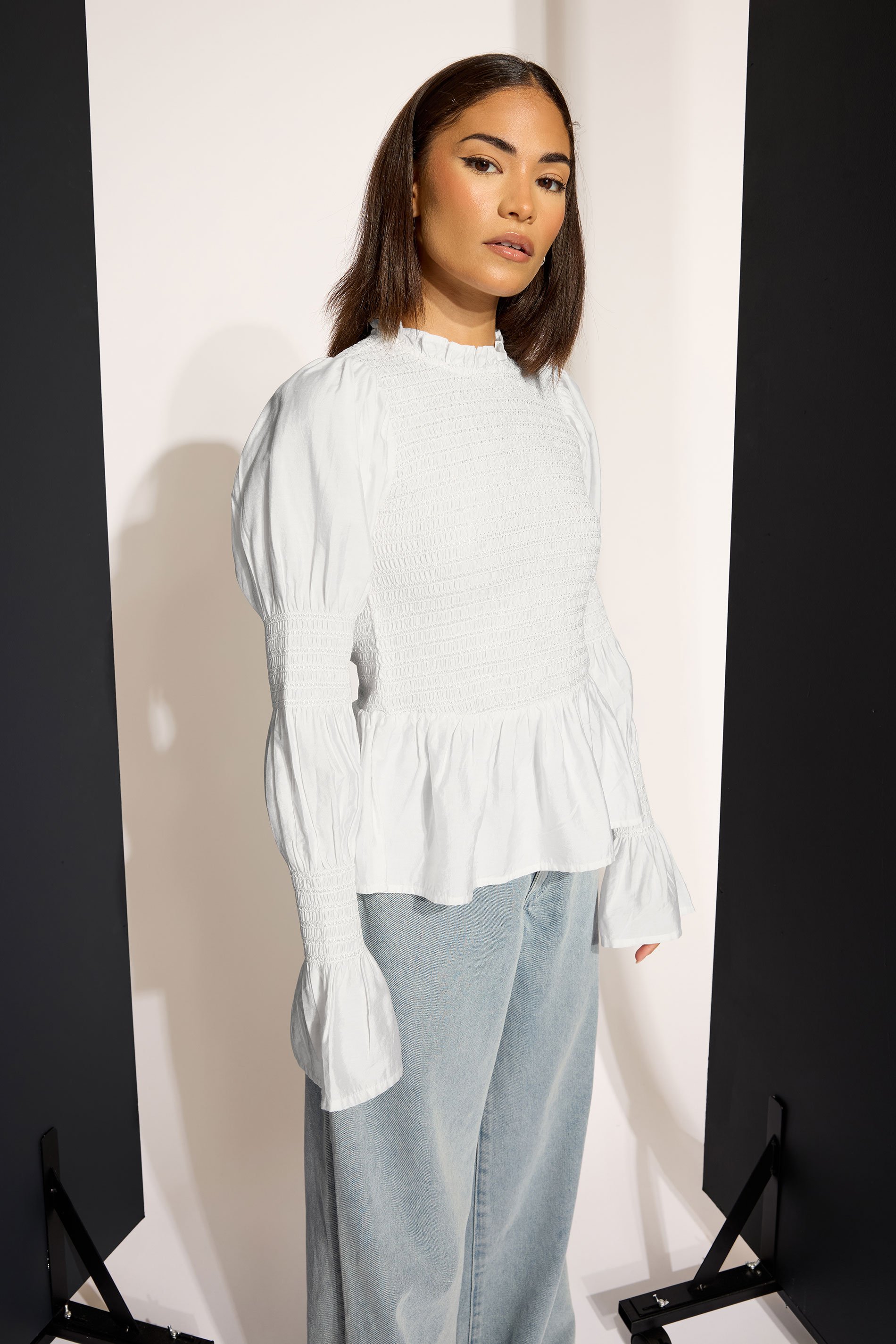 PixieGirl Petite Women's White Shirred Peplum Smock Top | PixieGirl 1