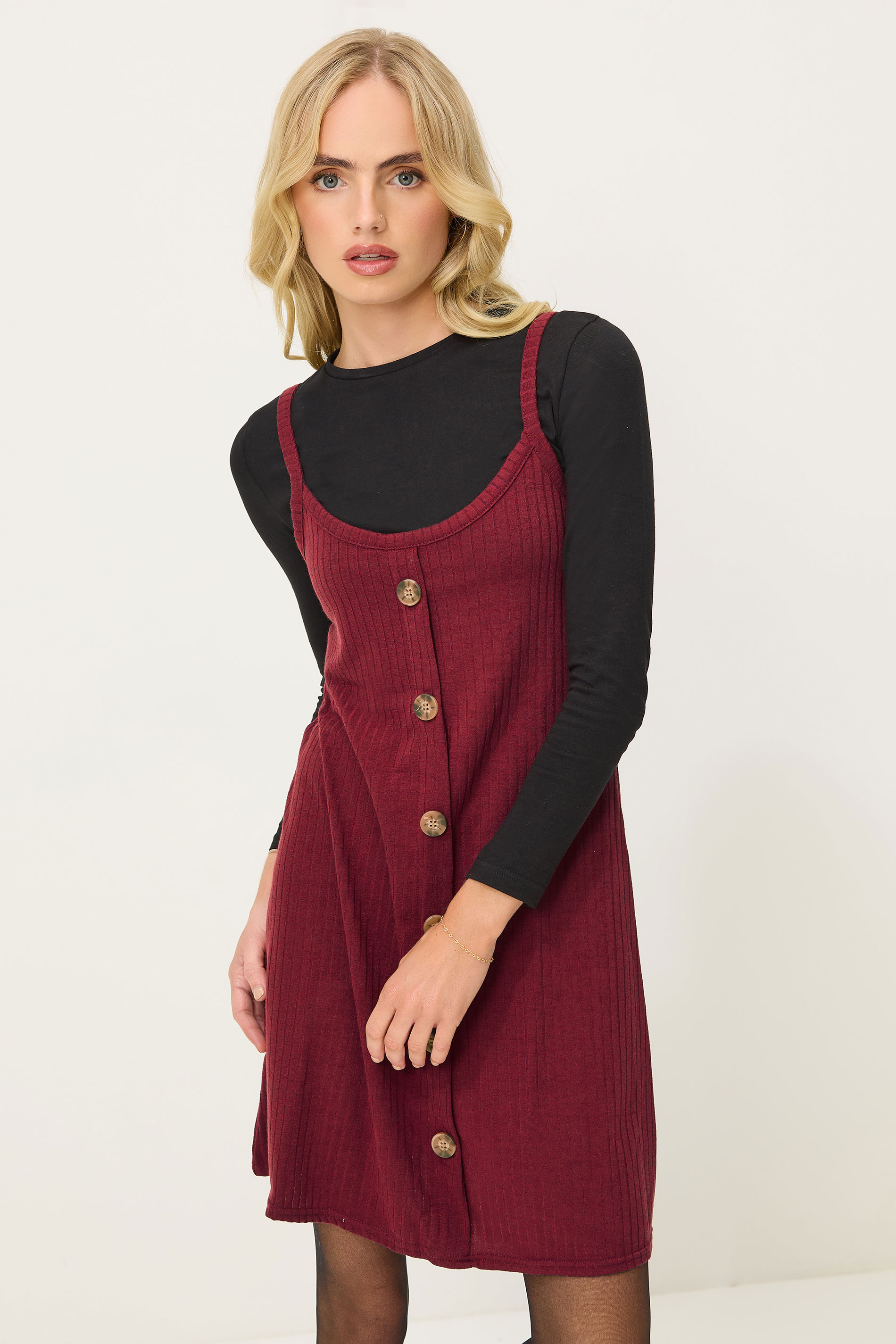 PixieGirl Petite Burgundy Red Ribbed Button Mini Dress | PixieGirl 1