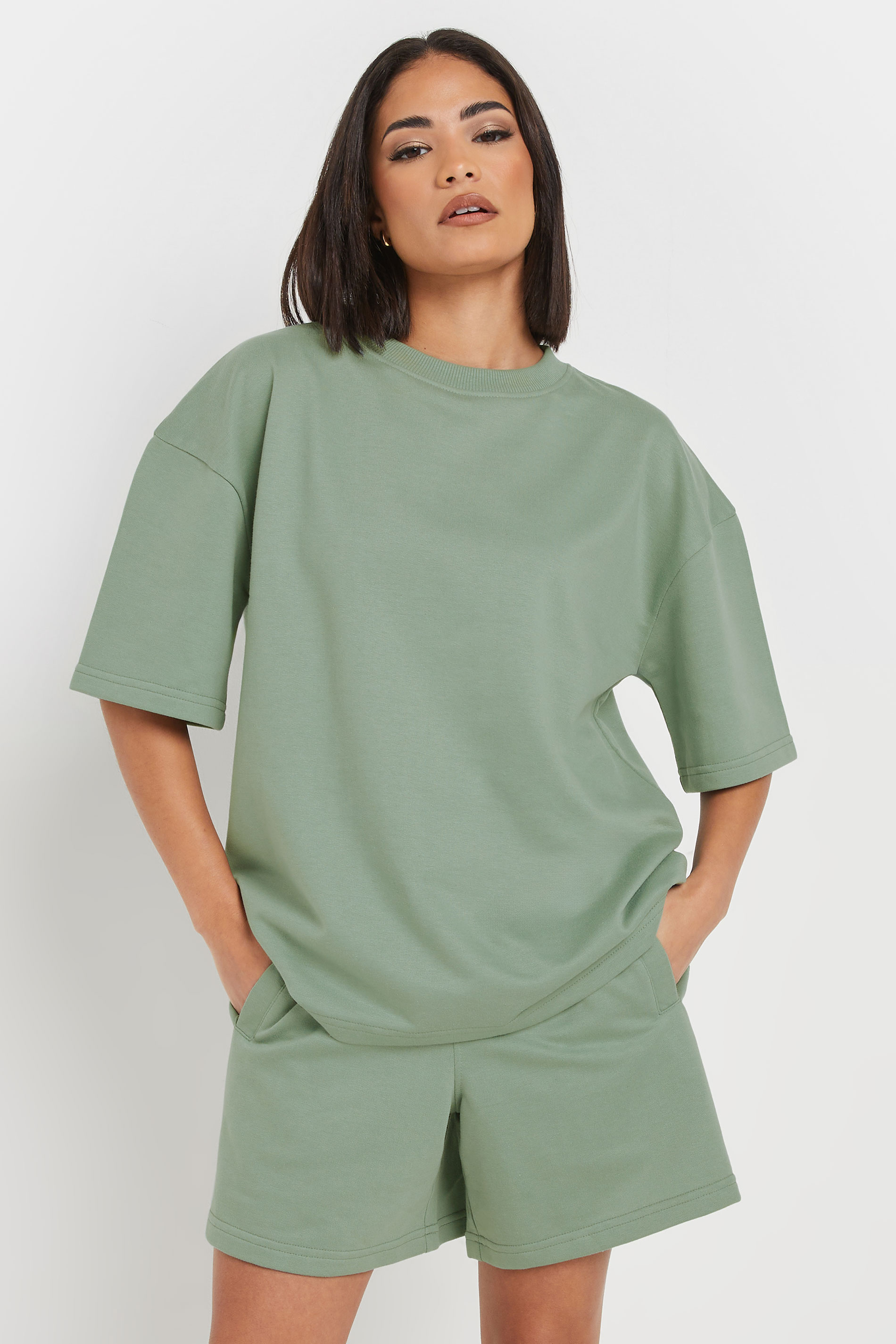 PixieGirl Petite Women's Sage Green Sweat Jersey T-Shirt & Shorts Set | PixieGirl 1