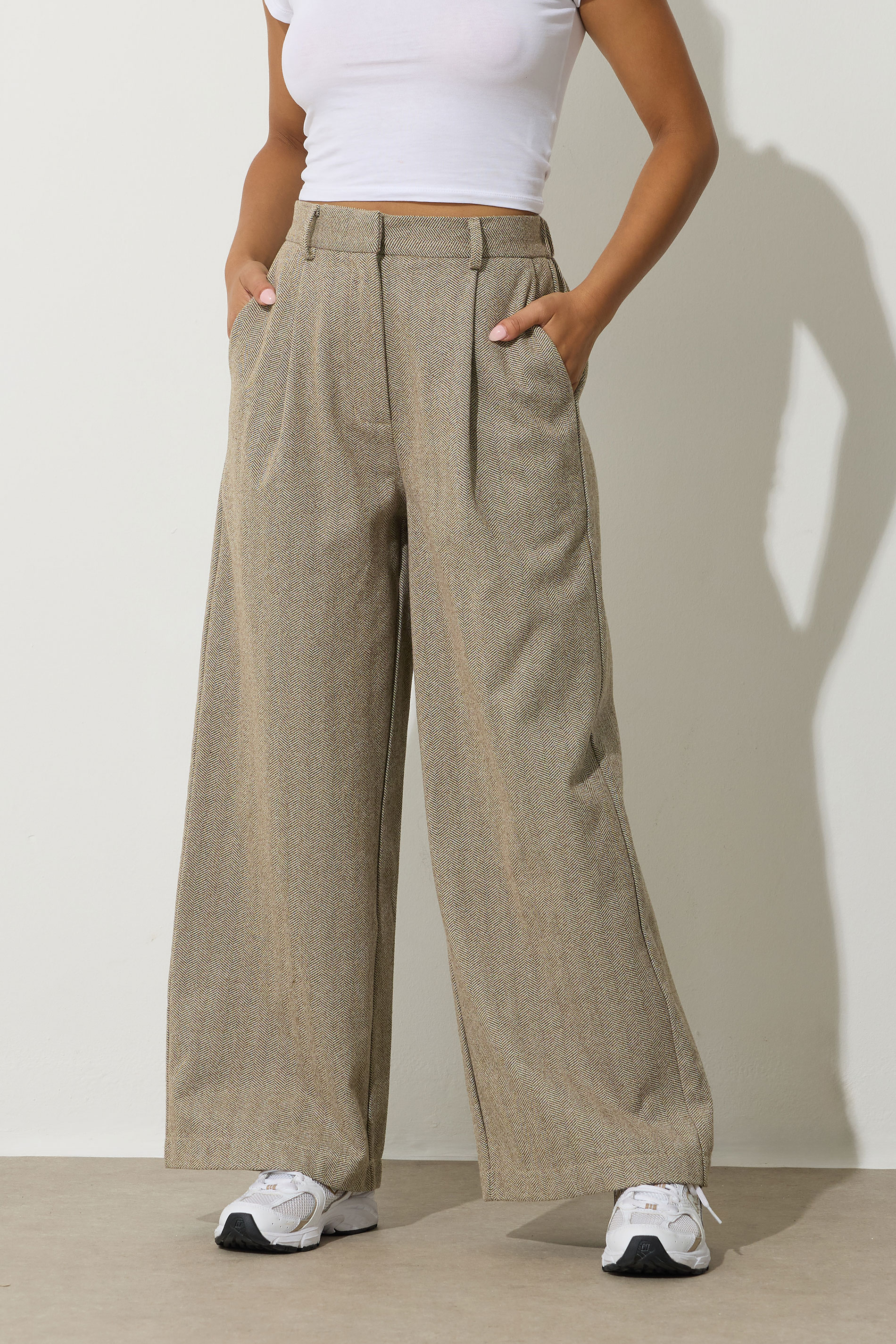 PixieGirl Petite Women's Camel Brown Herringbone Wide Leg Trousers | PixieGirl 3