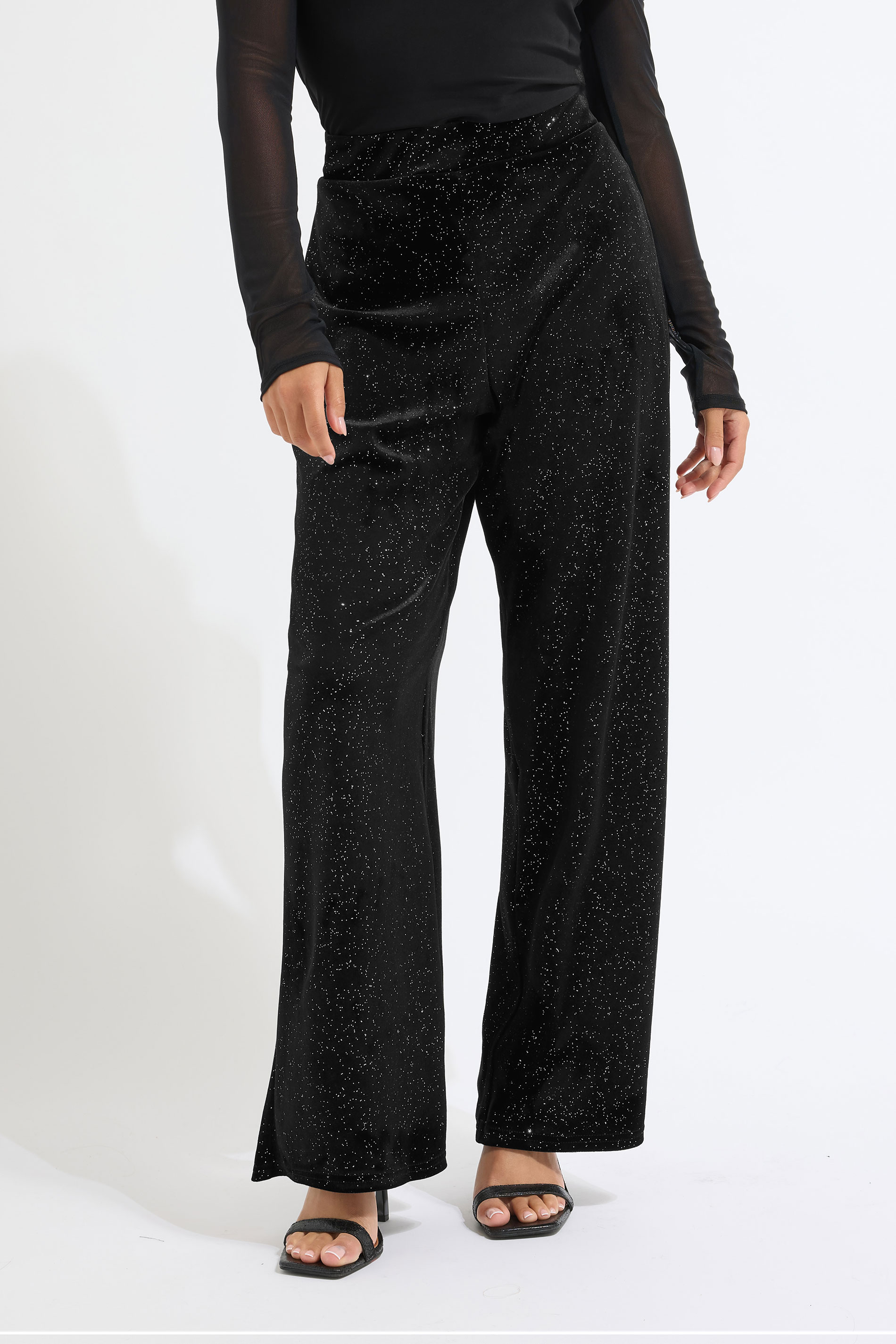 PixieGirl Petite Womens Black Velour Wide Leg Trousers | PixieGirl 2