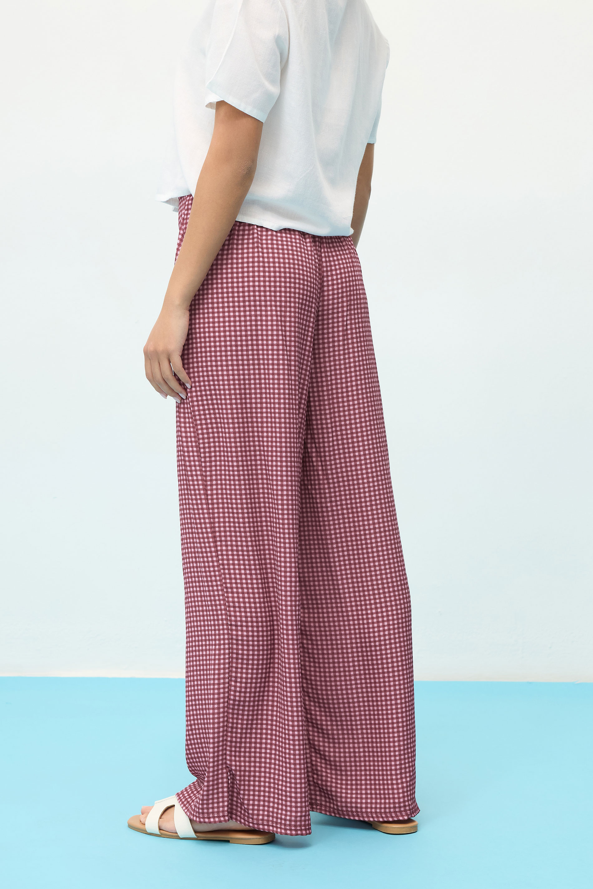 PixieGirl Petite Women's Pink Gingham Wide Leg Trousers | PixieGirl 3