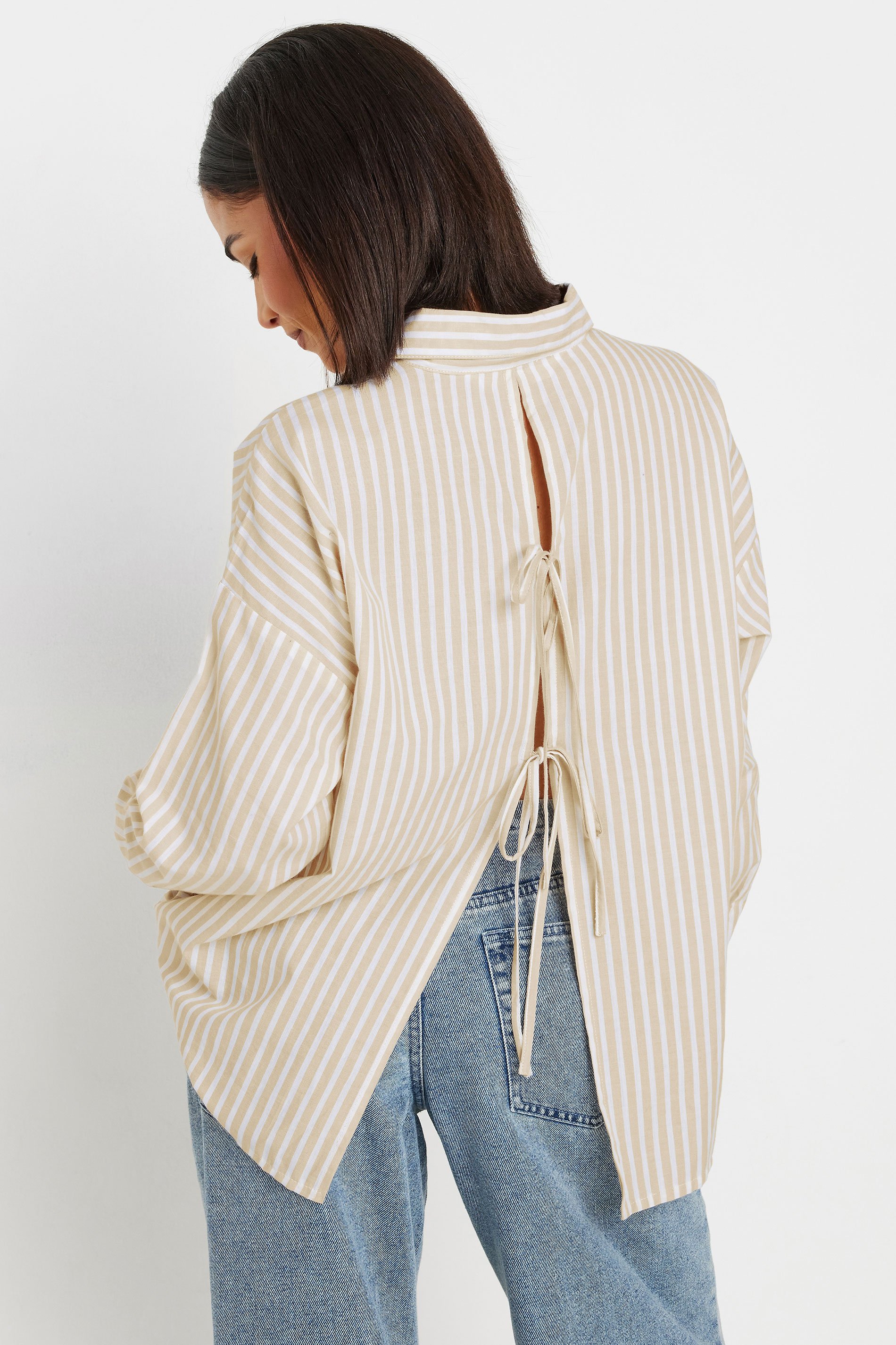 PixieGirl Petite Women's Stone Brown Stripe Tie Back Shirt | PixieGirl 4