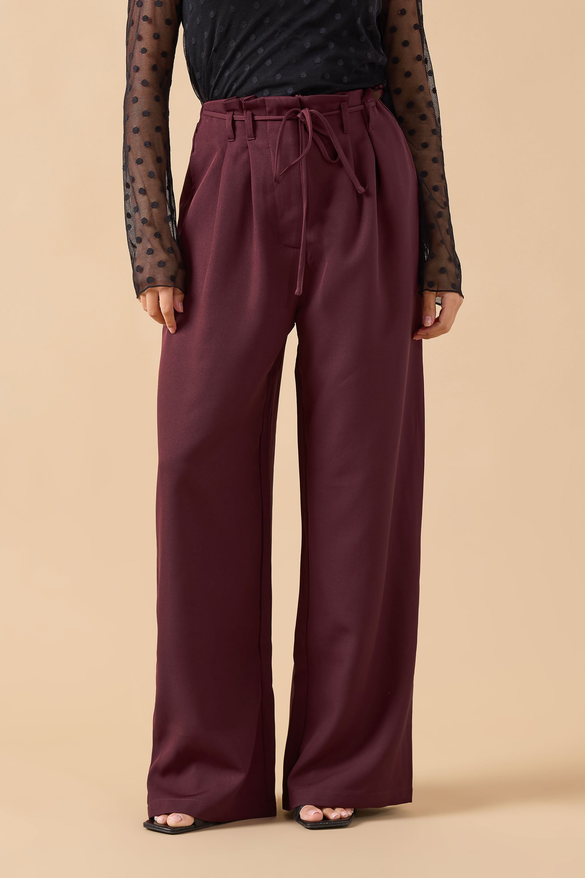 PixieGirl Petite Womens Burgundy Red Tie Wide Leg Trousers | PixieGirl 1