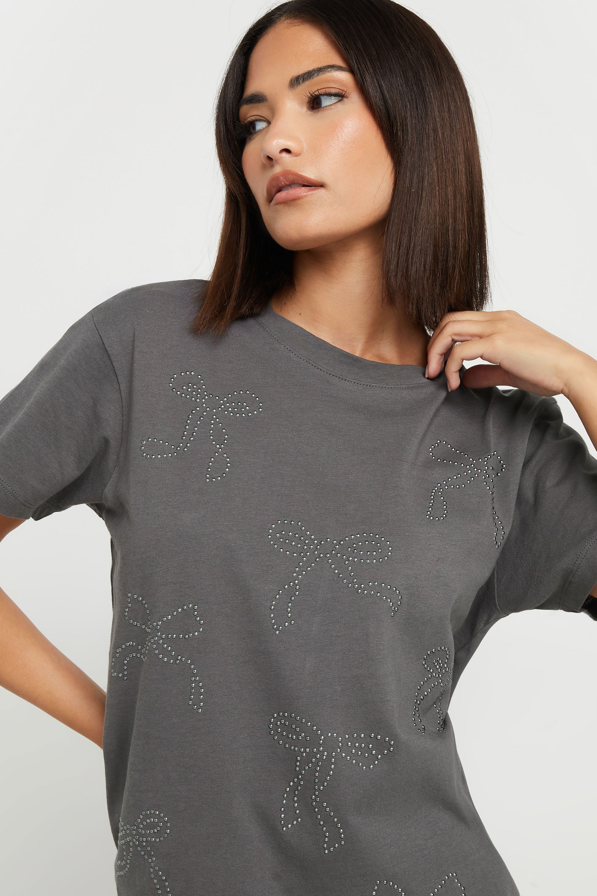 PixieGirl Petite Women's Charcoal Grey Bow Studded T-Shirt | PixieGirl 1