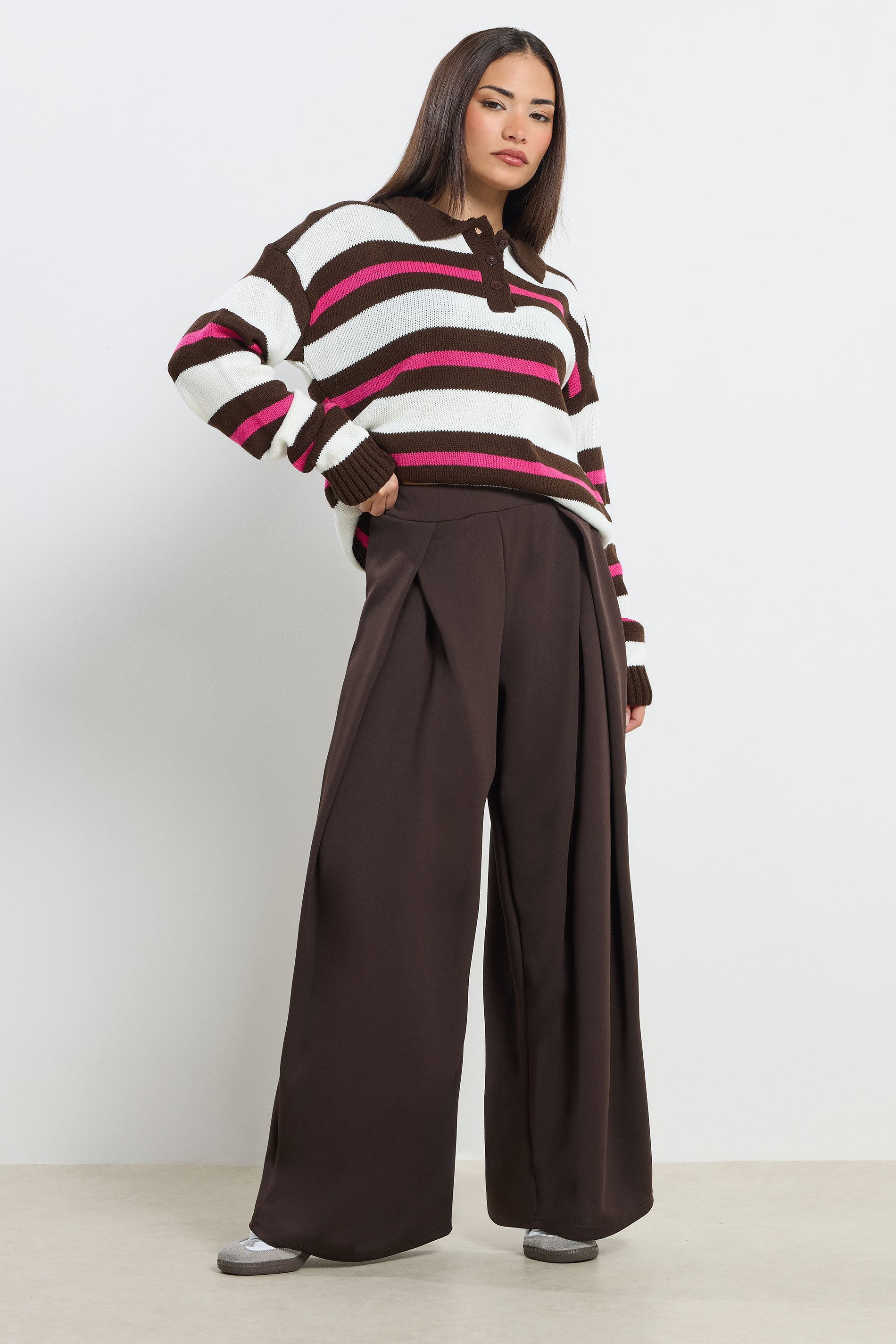 PixieGirl Petite Women's Brown Wrap Pleated Wide Leg Trousers | PixieGirl  1