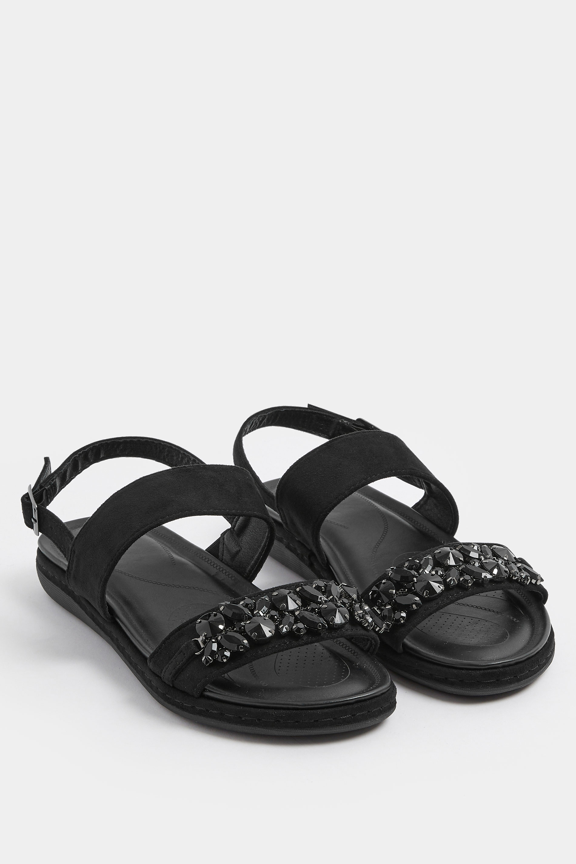 Black Diamante Stone Embellished Sandals In Extra Wide EEE Fit | Yours Clothing 1