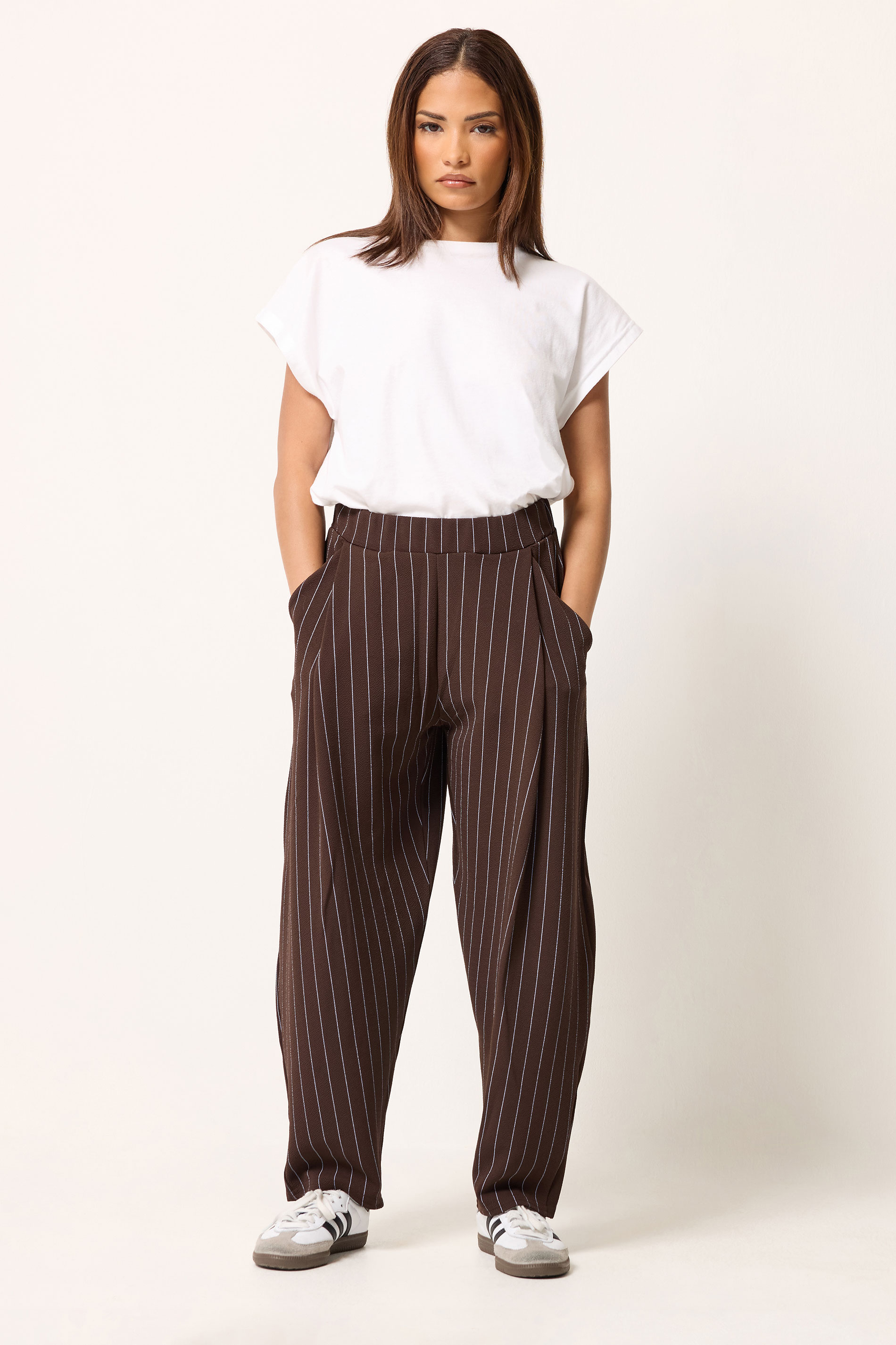 PixieGirl Petite Women's Chocolate Brown Pinstripe Barrel Leg Trousers | PixieGirl 3