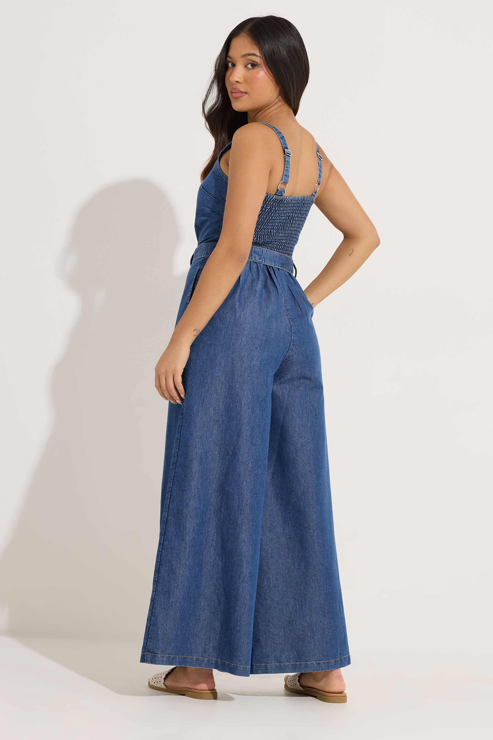 PixieGirl Petite Women's Blue Denim Wide Leg Jumpsuit | PixieGirl 4