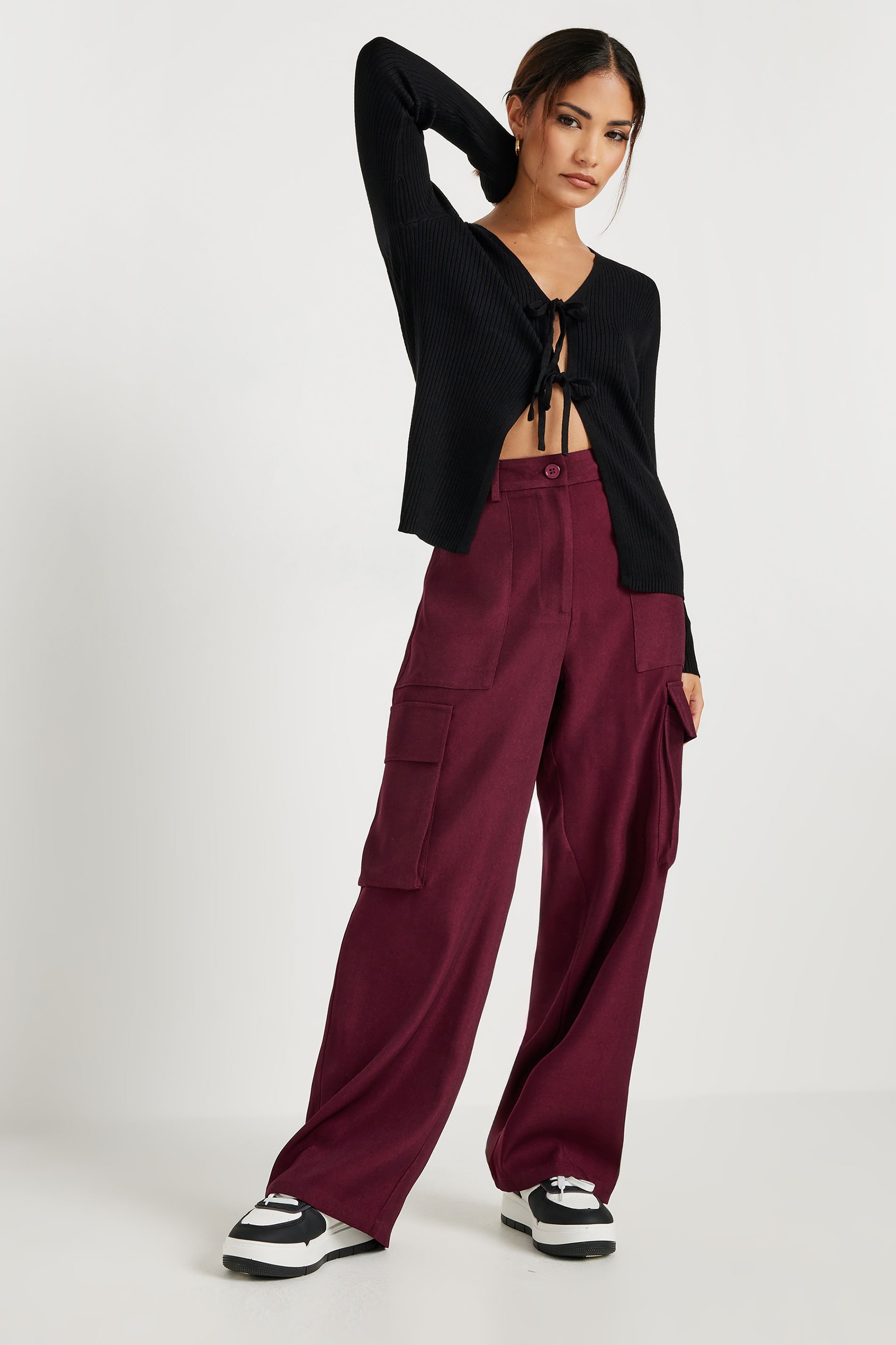 PixieGirl Petite Women's Burgundy Red Utility Style Wide Leg Trousers | PixieGirl 1
