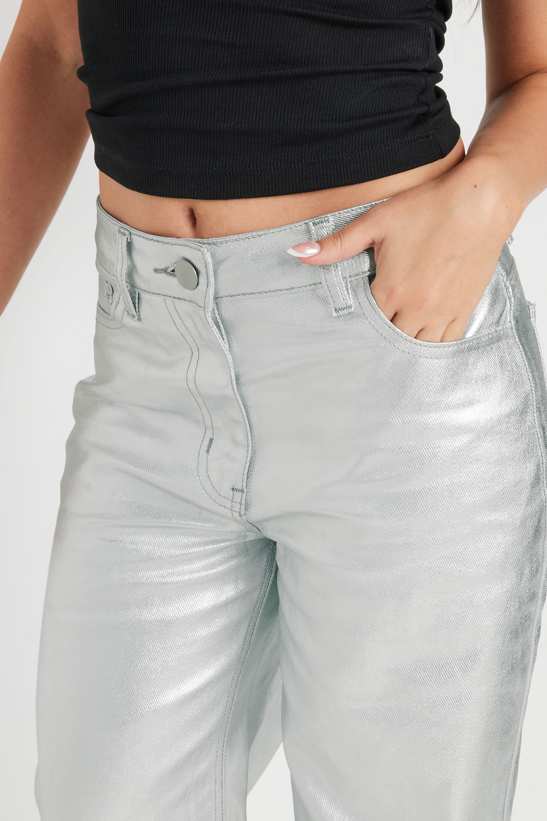 PixieGirl Petite Women's Silver Non-Stretch Metallic Wide Leg Jeans | PixieGirl 6