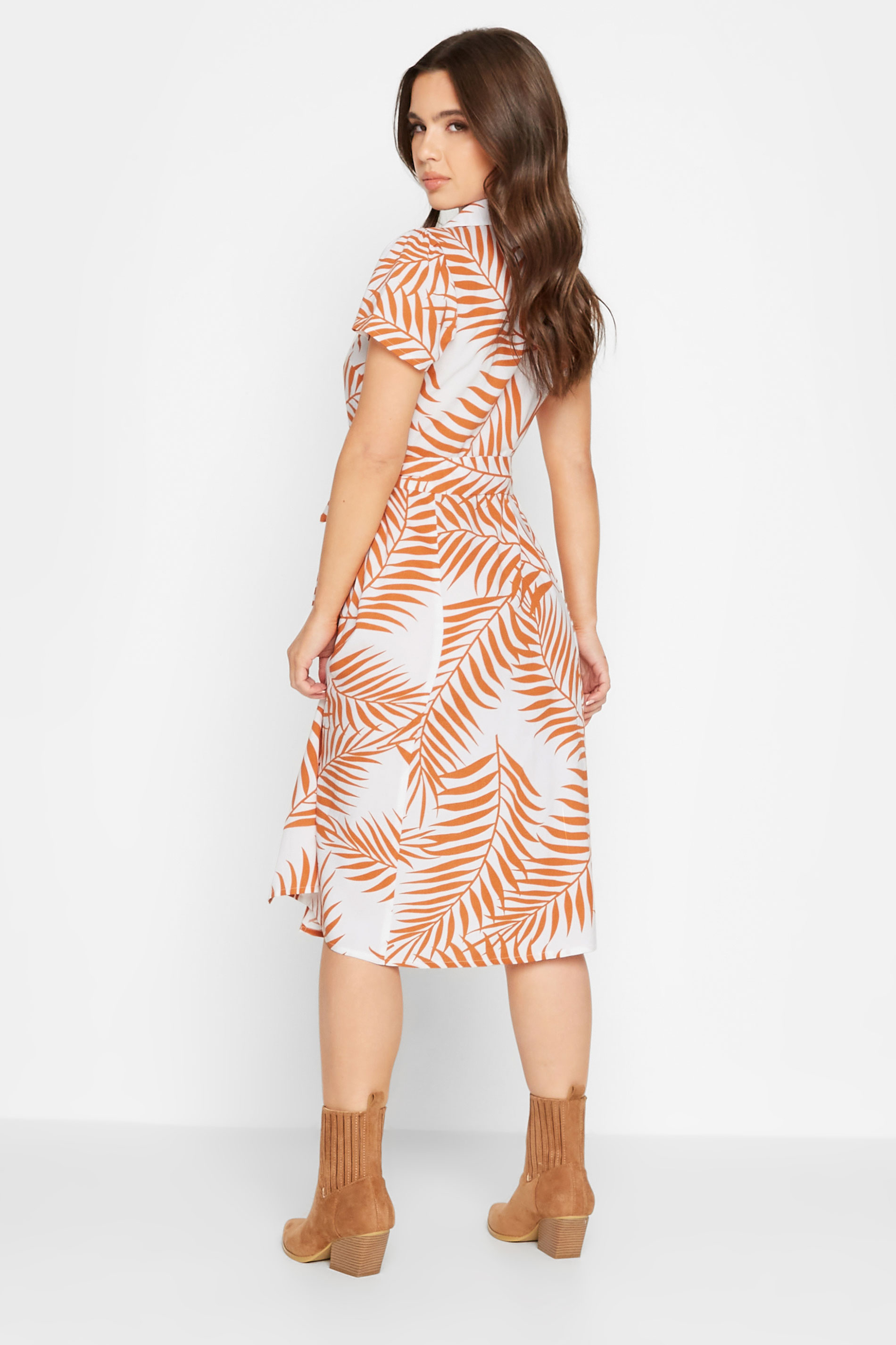 Petite White & Orange Leaf Print Belted Midi Dress | PixieGirl 3