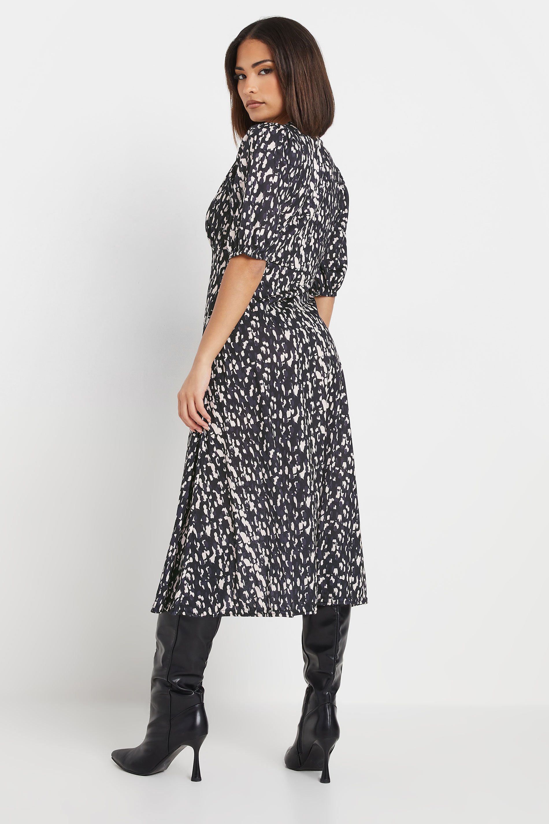 PixieGirl Petite Womens Black Abstract Spot Print Midi Tea Dress | PixieGirl 3