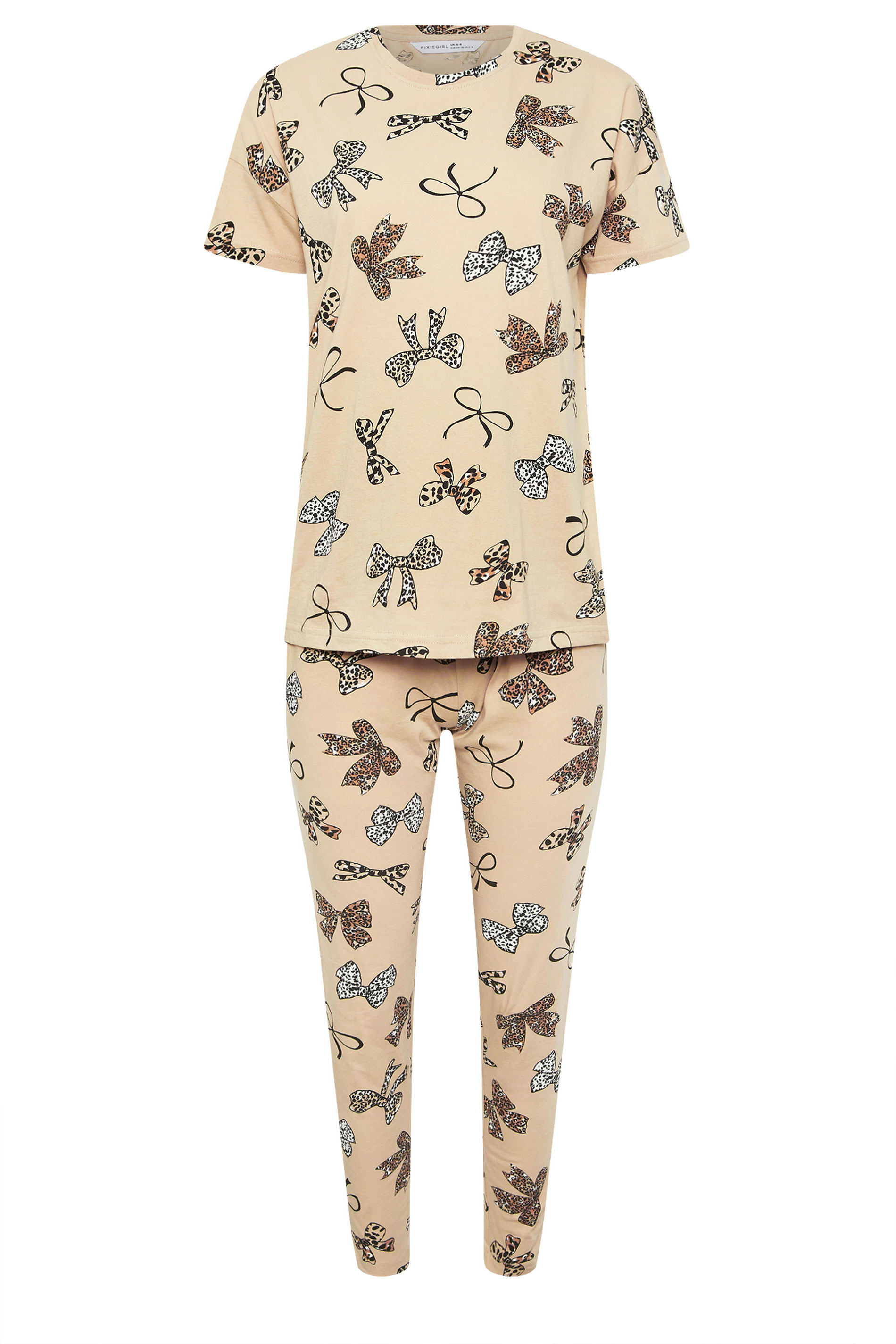 PixieGirl Petite Women's Beige Brown Animal Bow Graphic Tapered Pyjama Set | PixieGirl 5