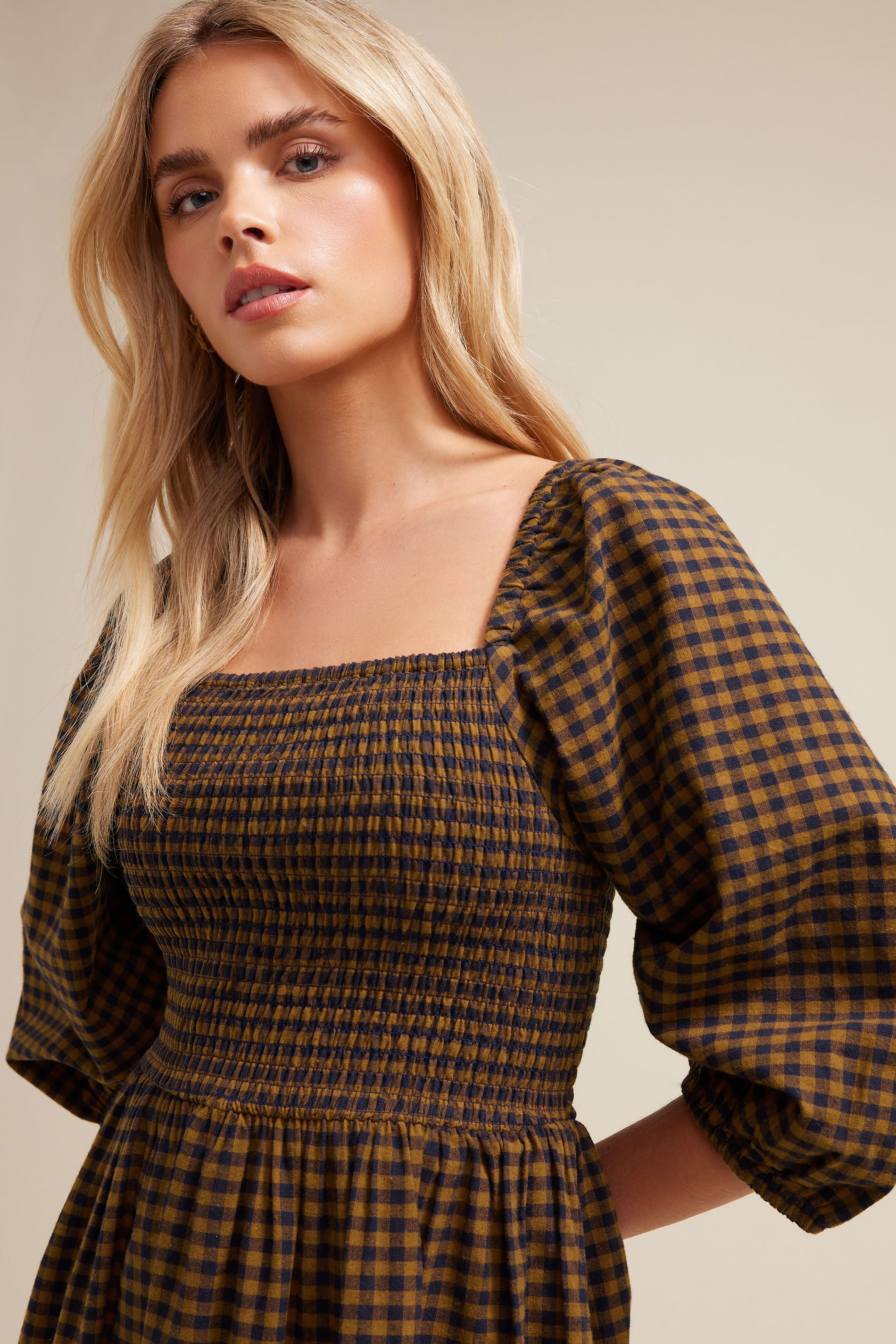 PixieGirl Petite Women's Brown Gingham Puff Sleeve Midi Dress | PixieGirl 4