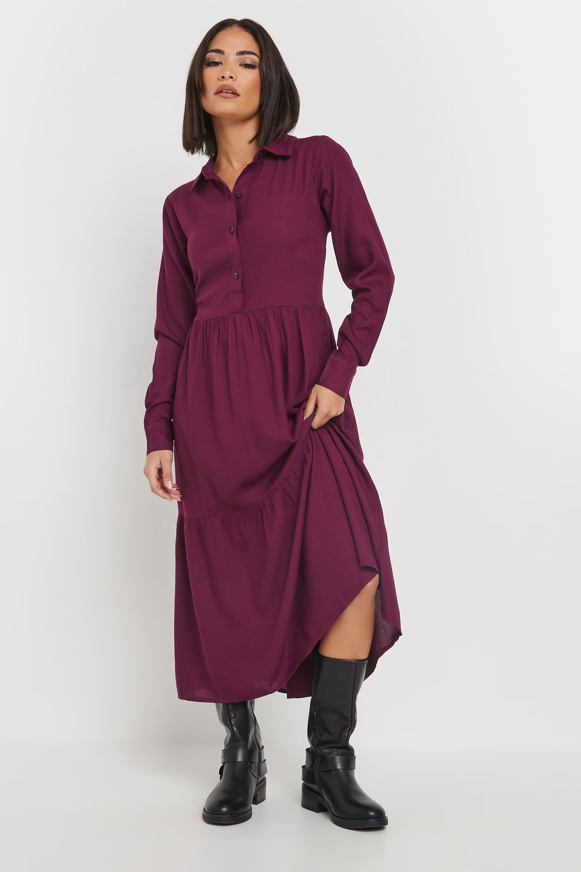 PixieGirl Petite Women's Burgundy Red Sleeved Smock Dress | PixieGirl 1