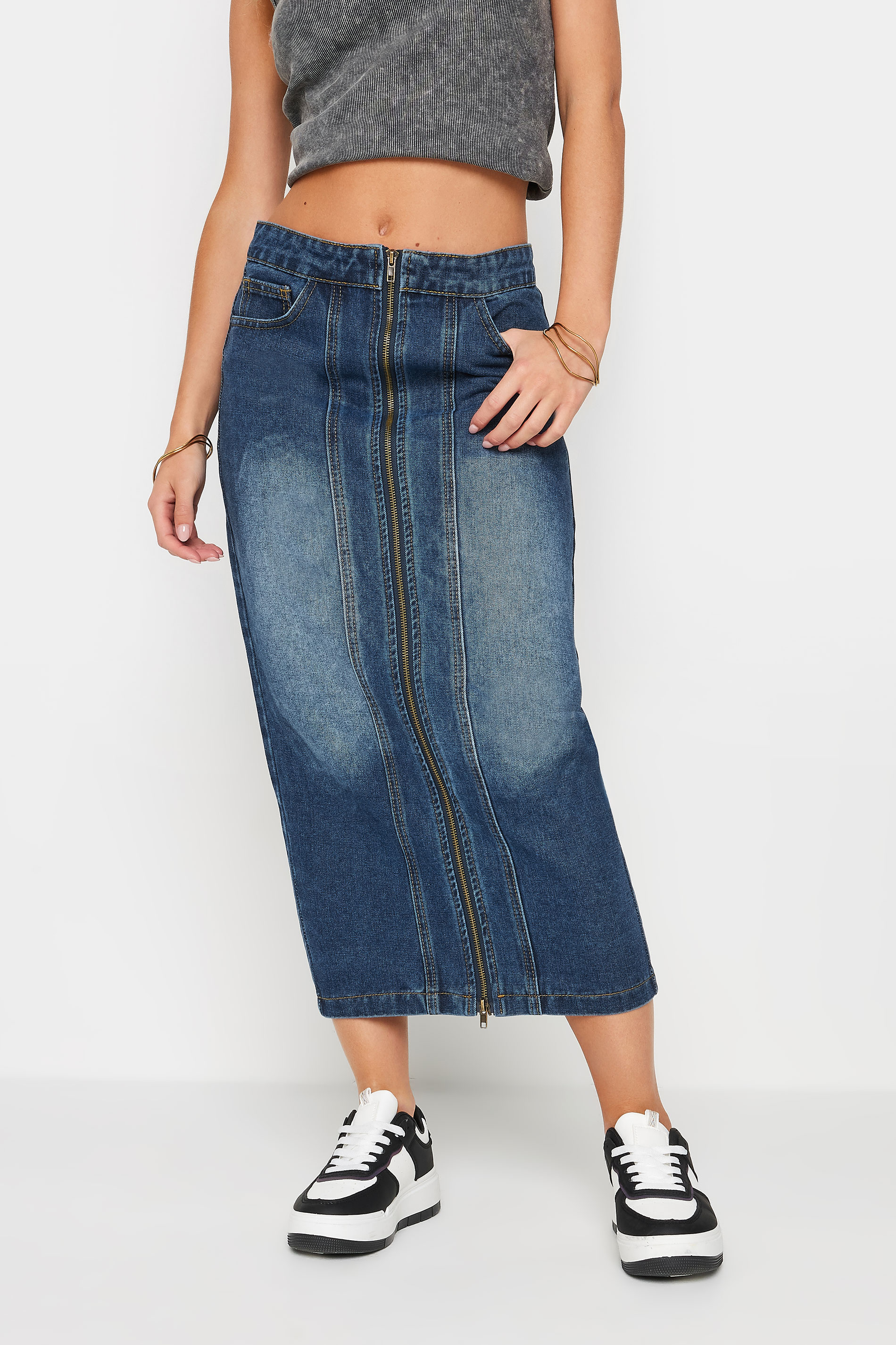 PixieGirl Petite Women's Blue Denim Zip Front Midi Skirt | PixieGirl 2