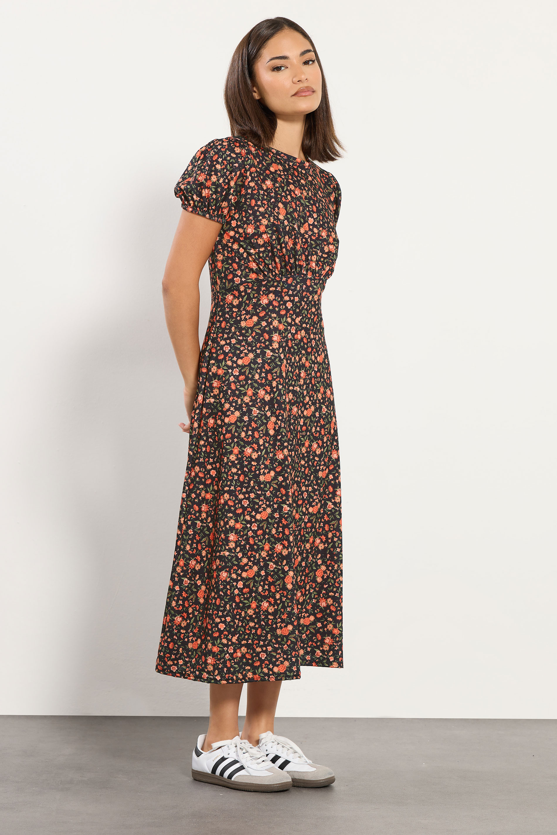 PixieGirl Petite Women's Orange Ditsy Floral Tea Dress | PixieGirl 2