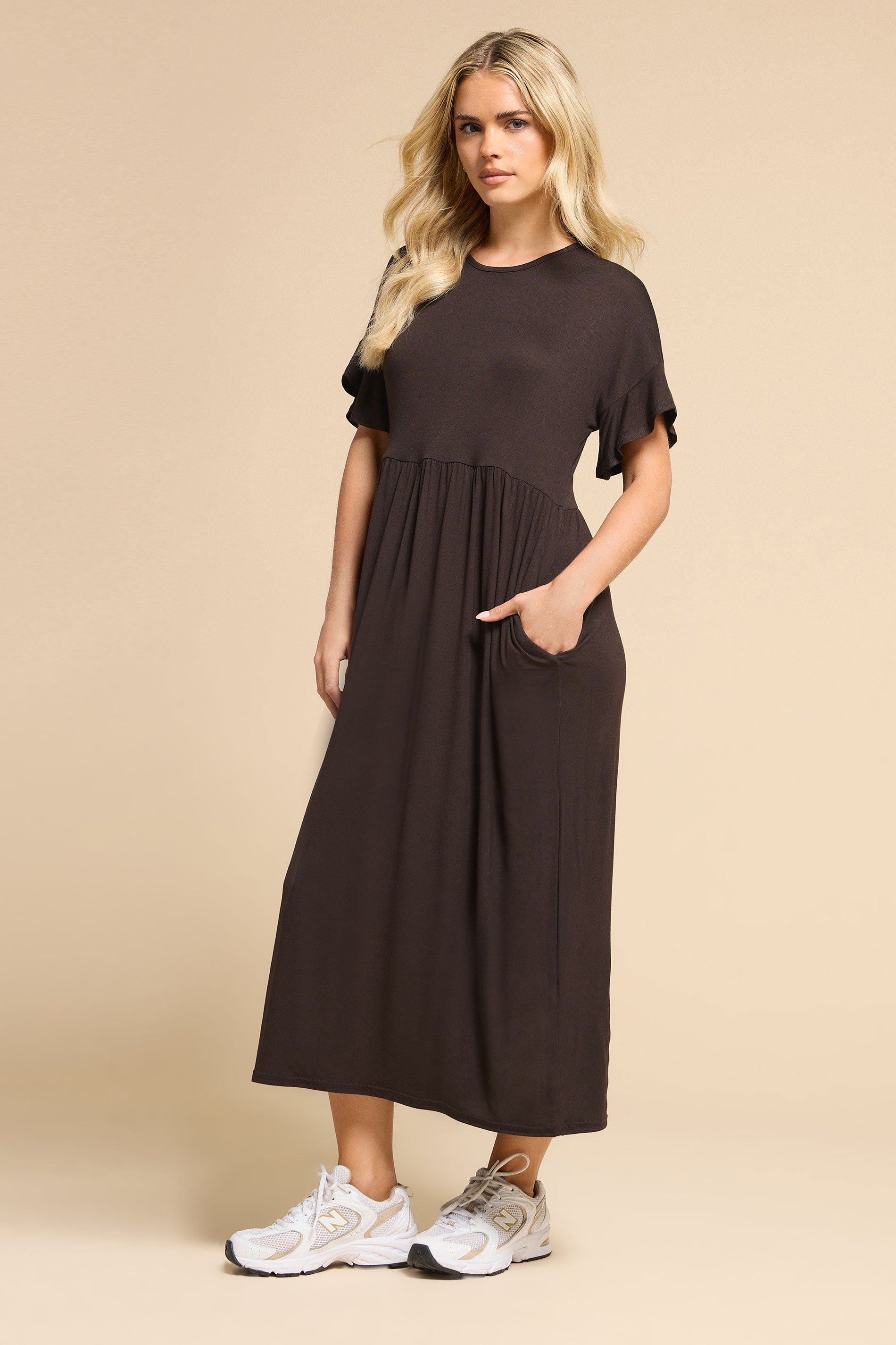 PixieGirl Petite Women's Brown Frill Sleeve Smock Midaxi Dress | PixieGirl 1