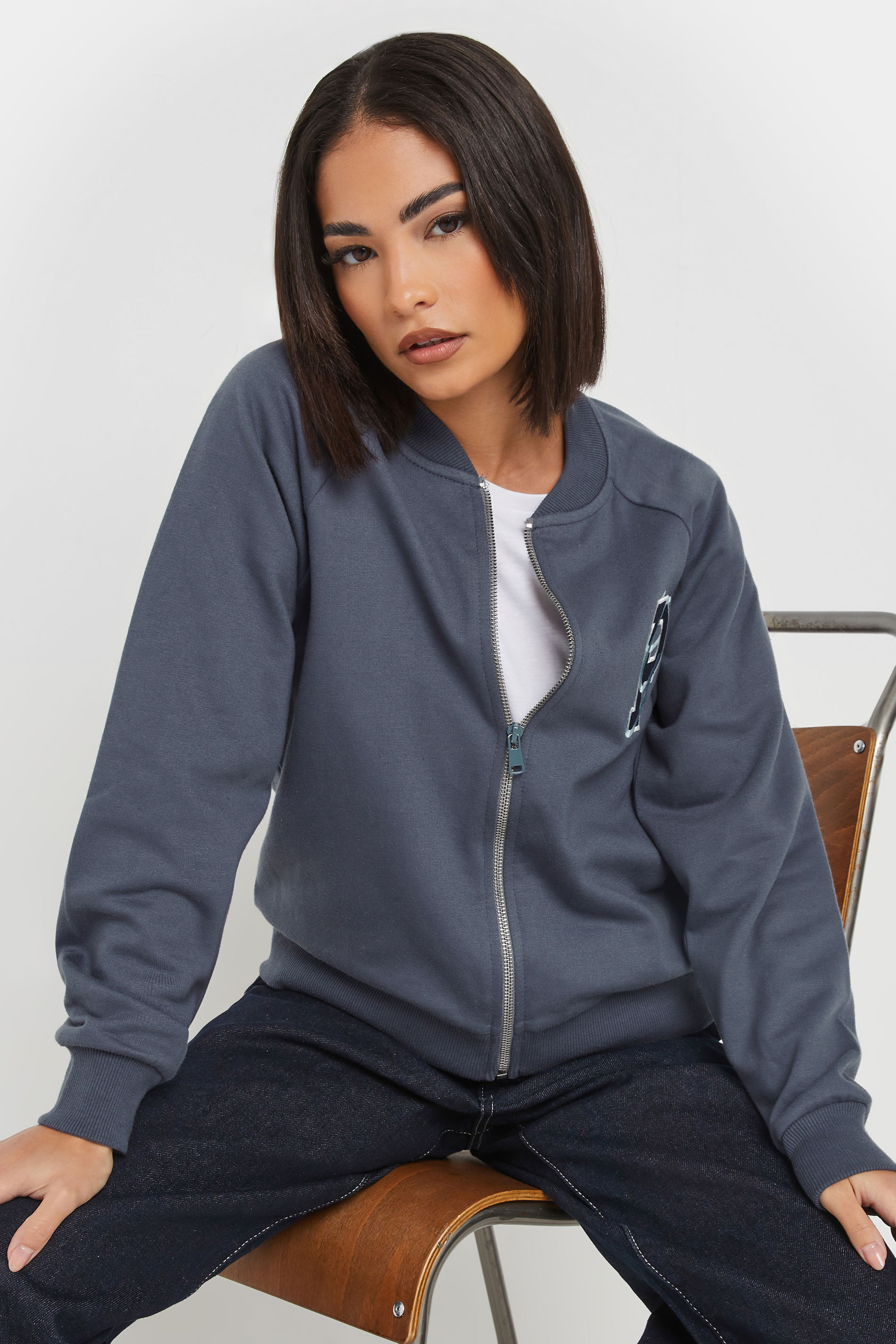 PixieGirl Petite Women's Blue Embroidered Initial Jersey Bomber Jacket | PixieGirl 2