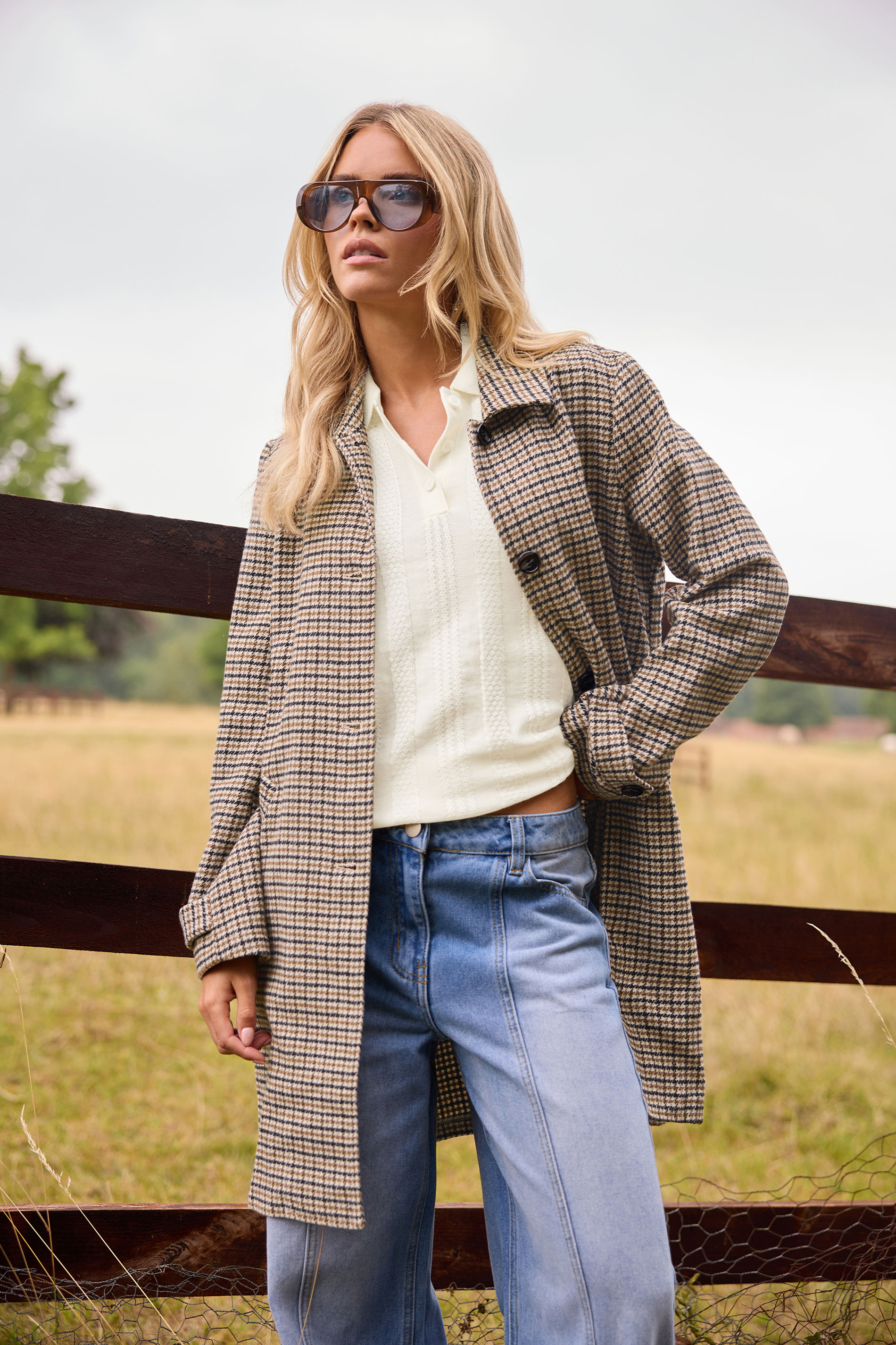 PixieGirl Petite Women's Beige Brown Check Midi Coat | PixieGirl 1