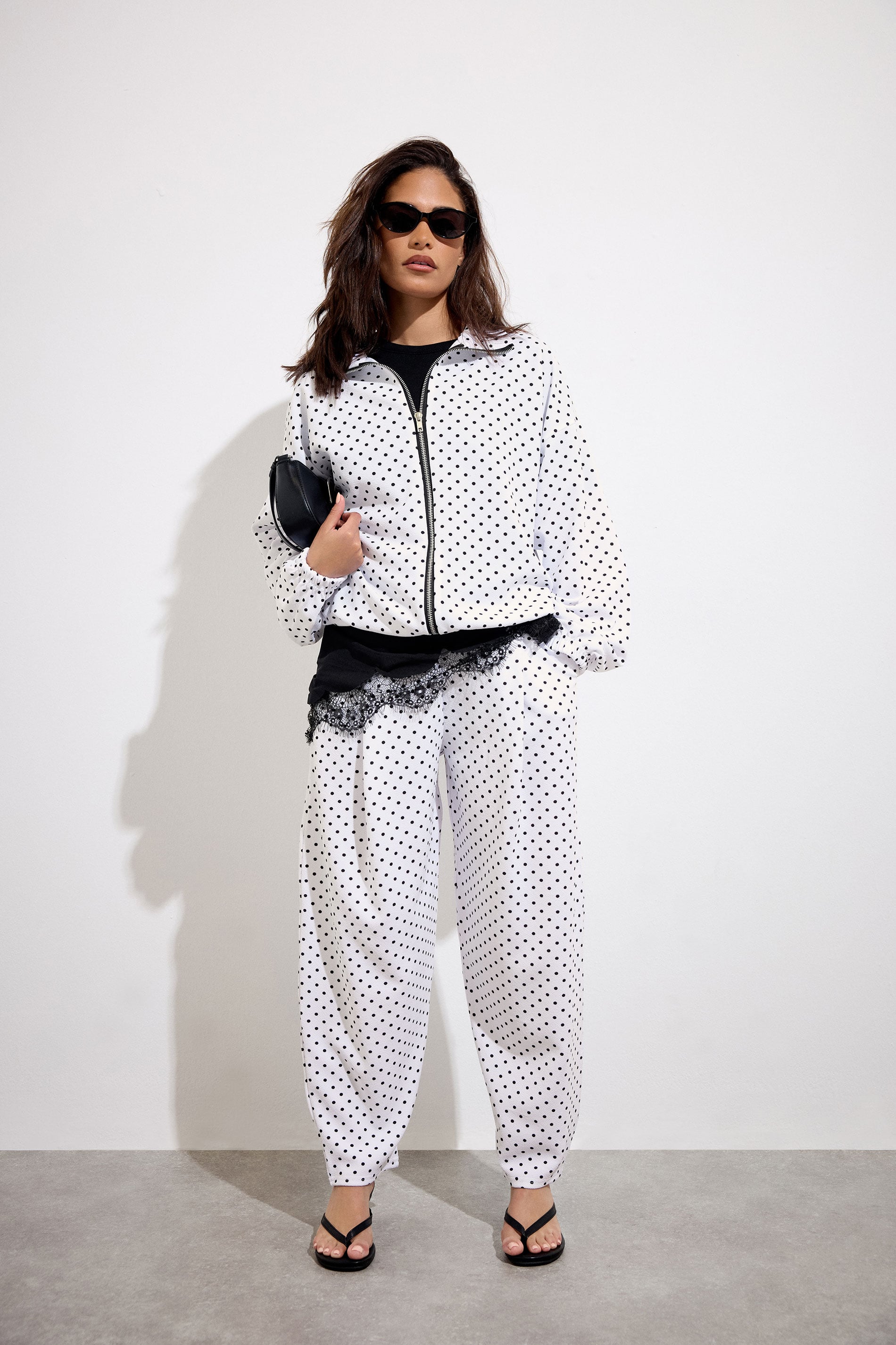 PixieGirl Petite Women's White Polka Dot Crinkle Barrel Leg Trousers | PixieGirl 1