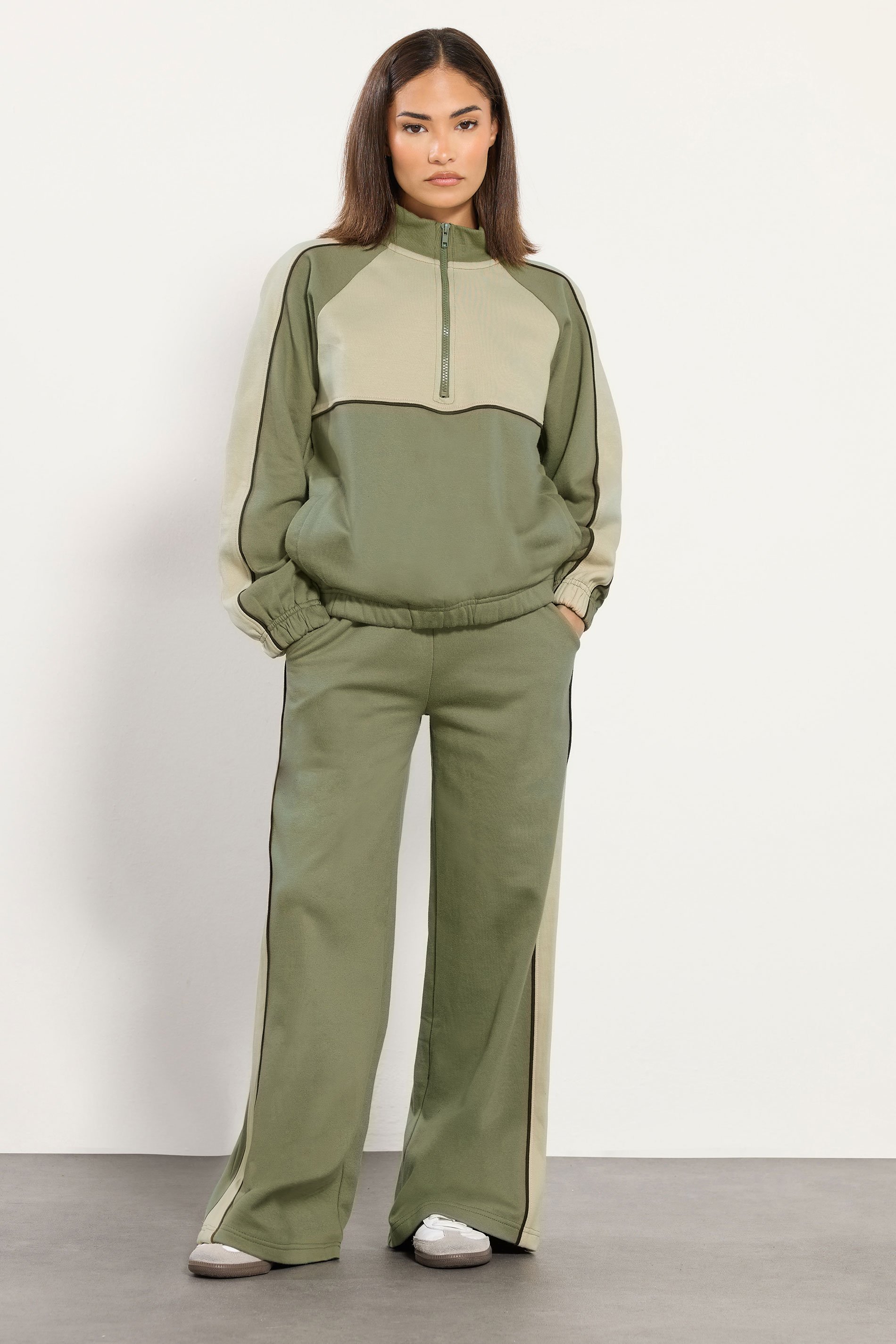 PixieGirl Petite Women's Green Colour Block Half Zip Sweatshirt | PixieGirl  2