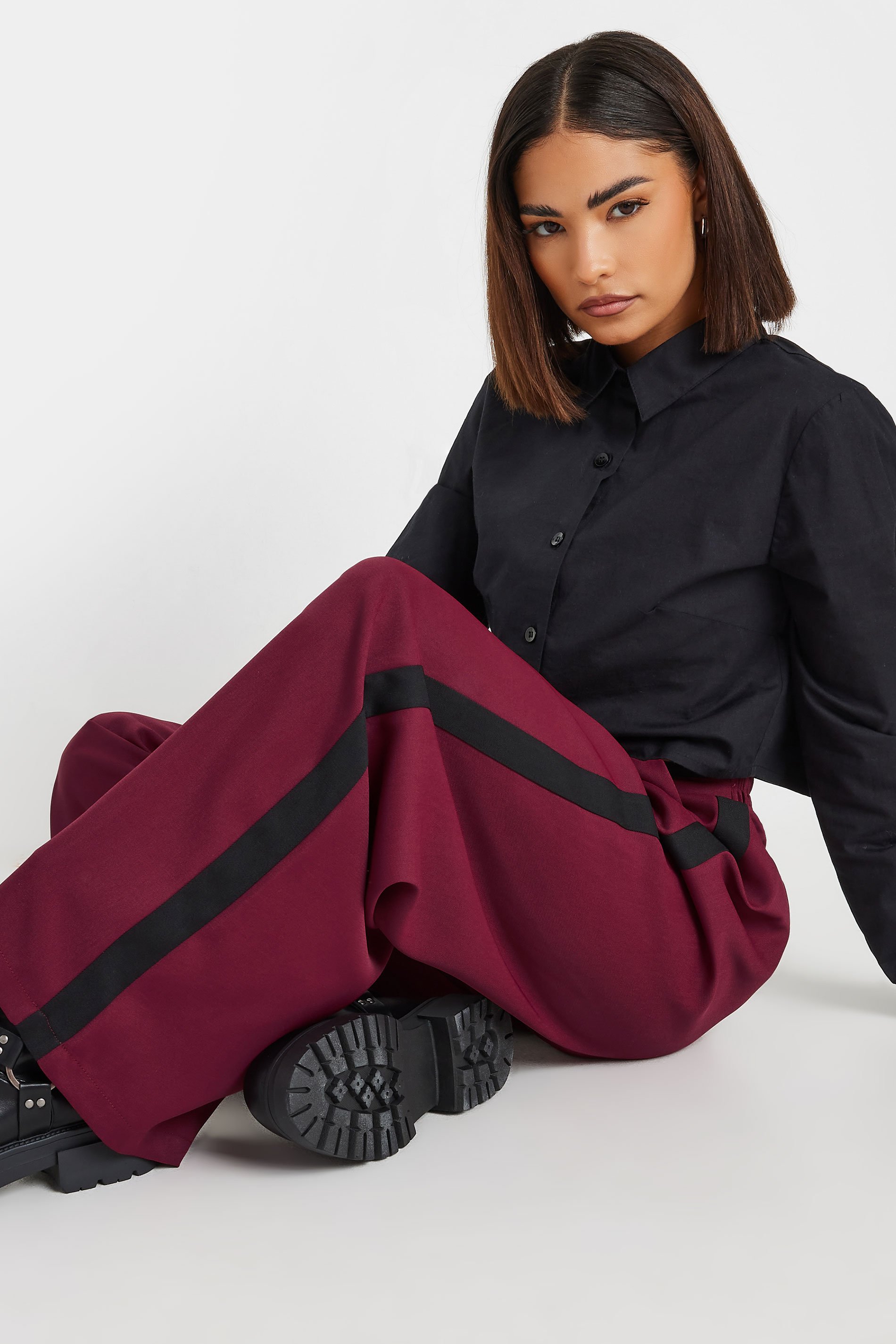 PixieGirl Petite Women's Burgundy Red Side Stripe Contrast Waist Wide Leg Trousers | PixieGirl 5