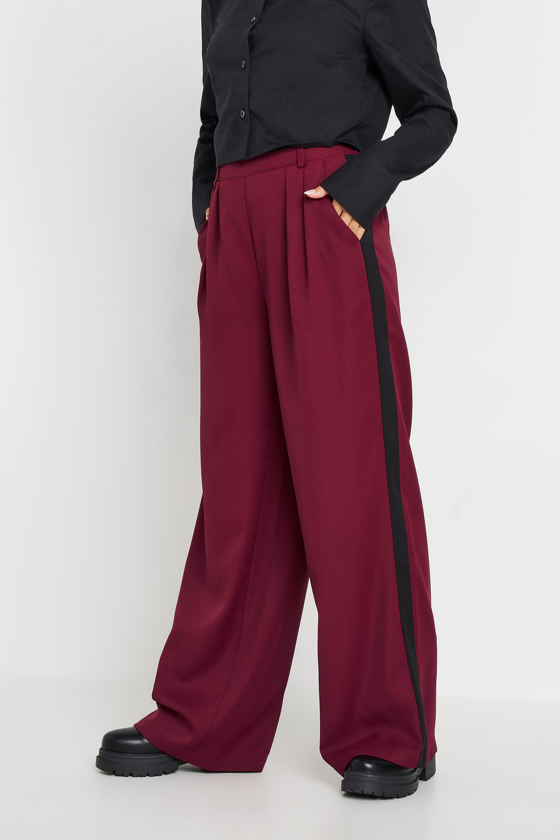 PixieGirl Petite Women's Burgundy Red Side Stripe Contrast Waist Wide Leg Trousers | PixieGirl 3