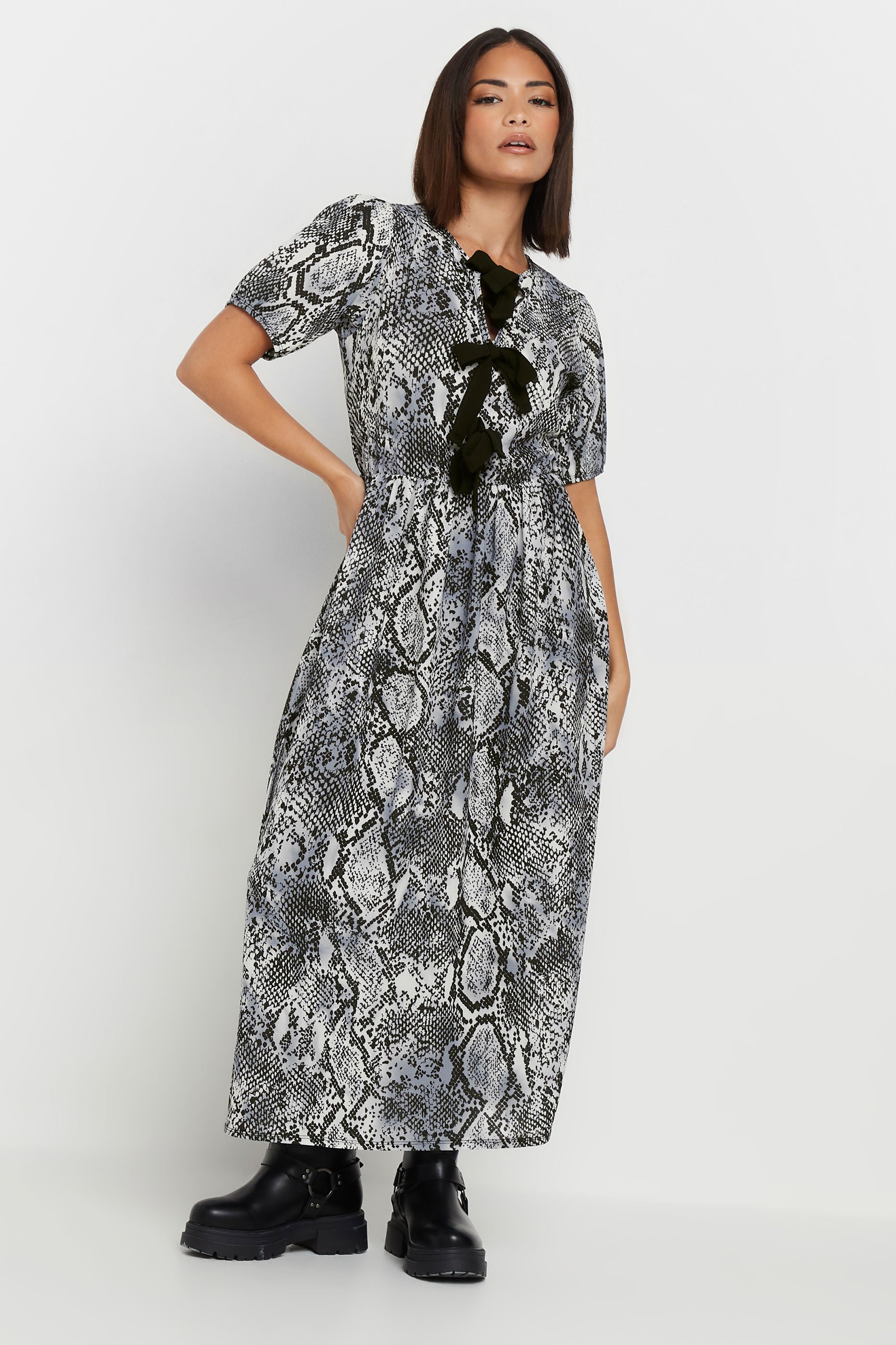 PixieGirl Petite Women's Grey Snake Print Tie Bow Dress | PixieGirl 2