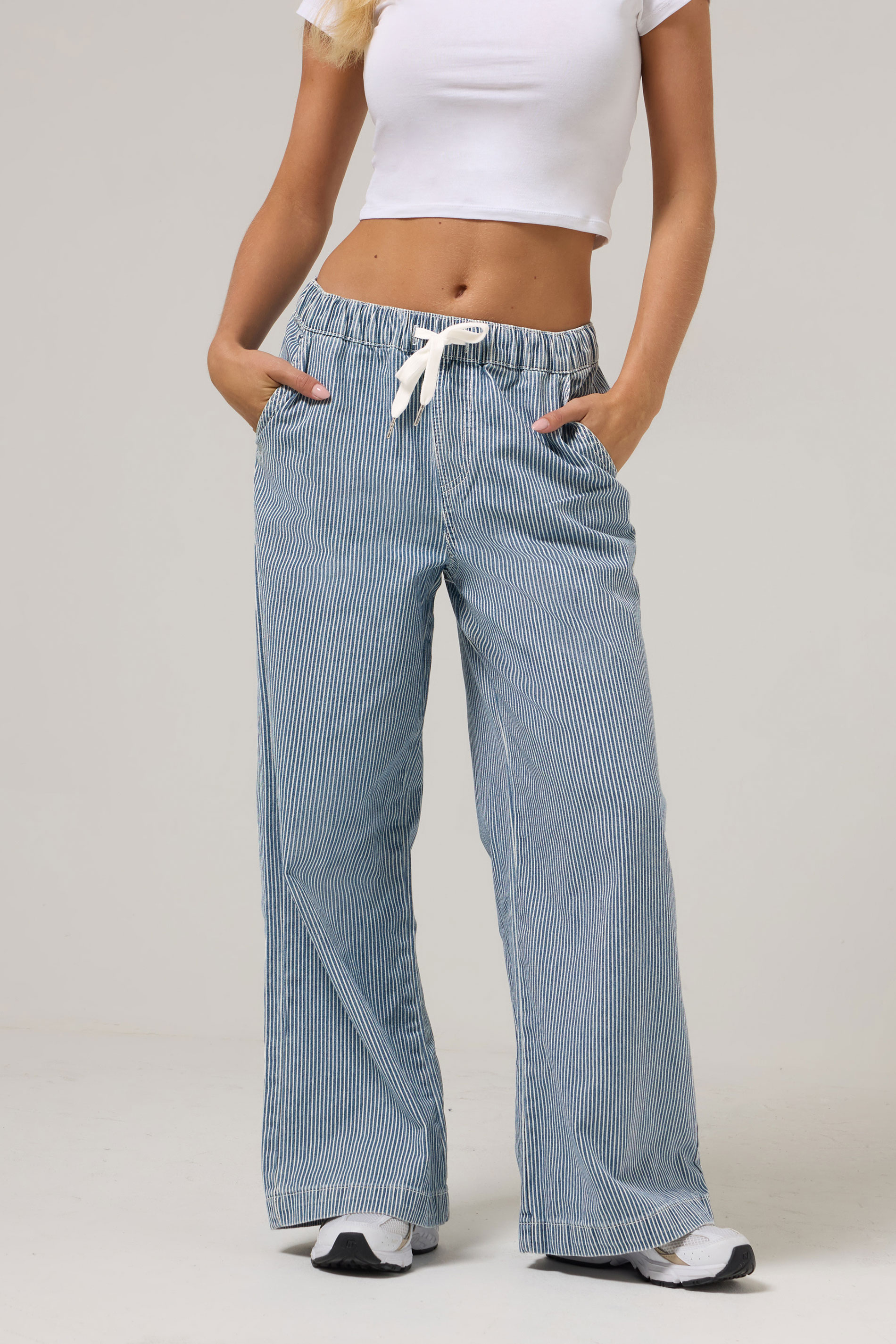 PixieGirl Petite Women's Blue Cotton Striped Wide Leg Jeans | PixieGirl 2