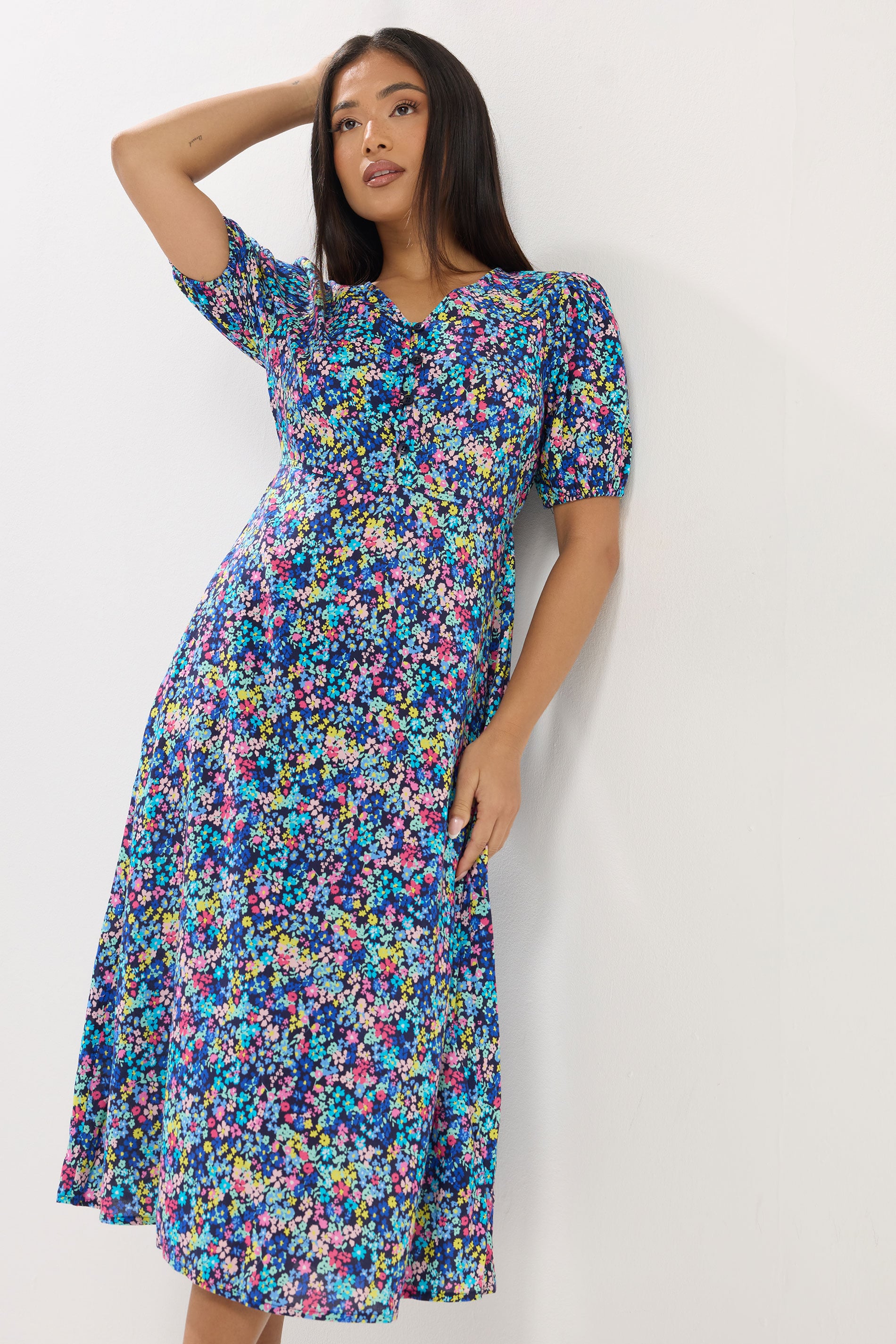M&Co Petite Blue Ditsy Floral Puff Sleeve Dress | M&Co 1