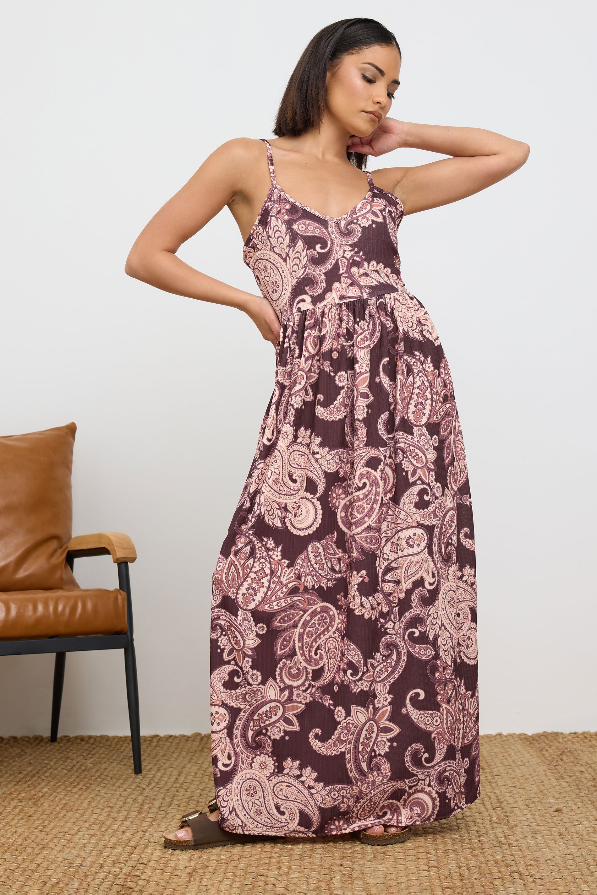 PixieGirl Petite Women's Brown Paisley Ribbed Strappy Maxi Dress | PixieGirl 1