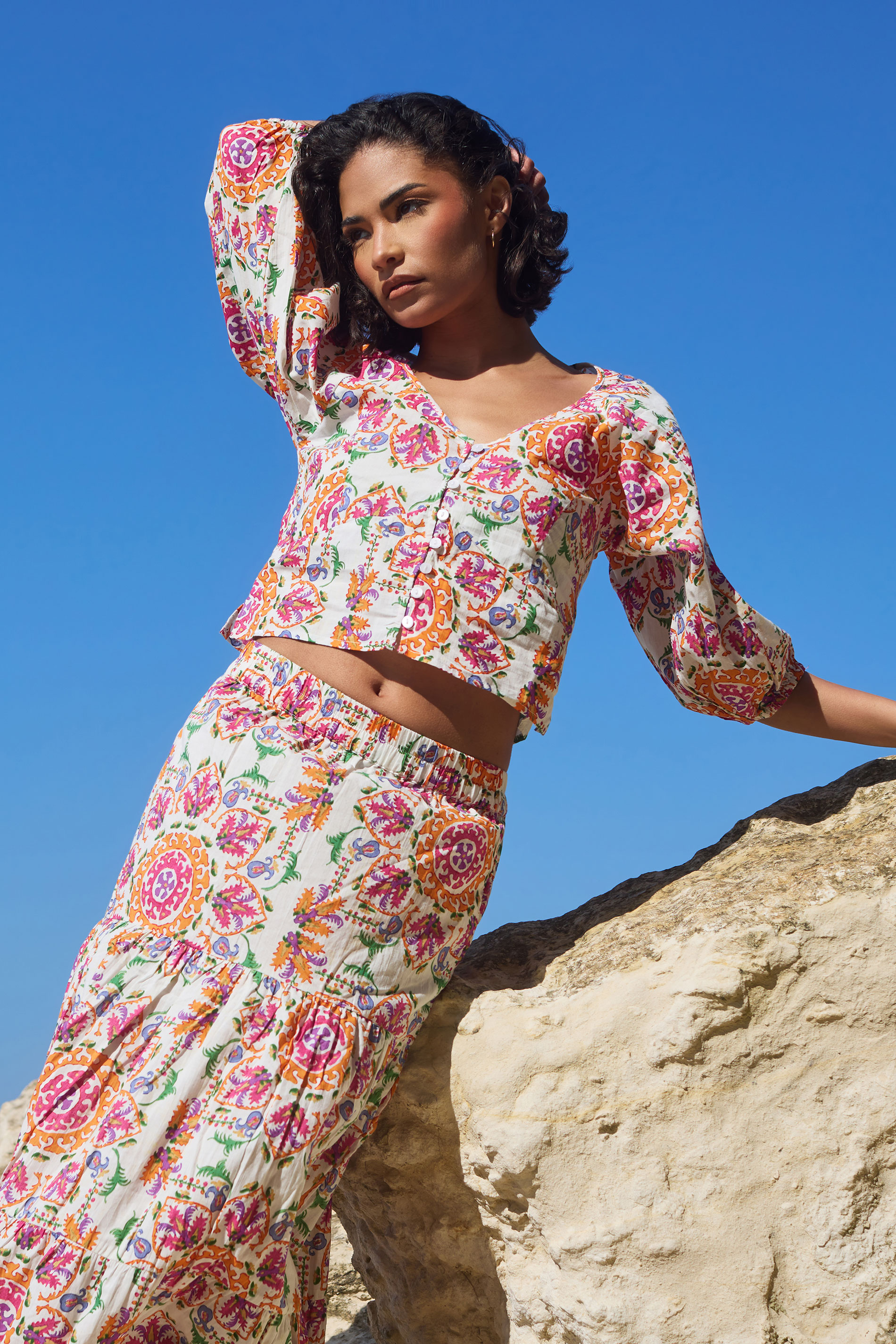 PixieGirl Petite Women's White Abstract Tile Puff Sleeve Top | PixieGirl 1