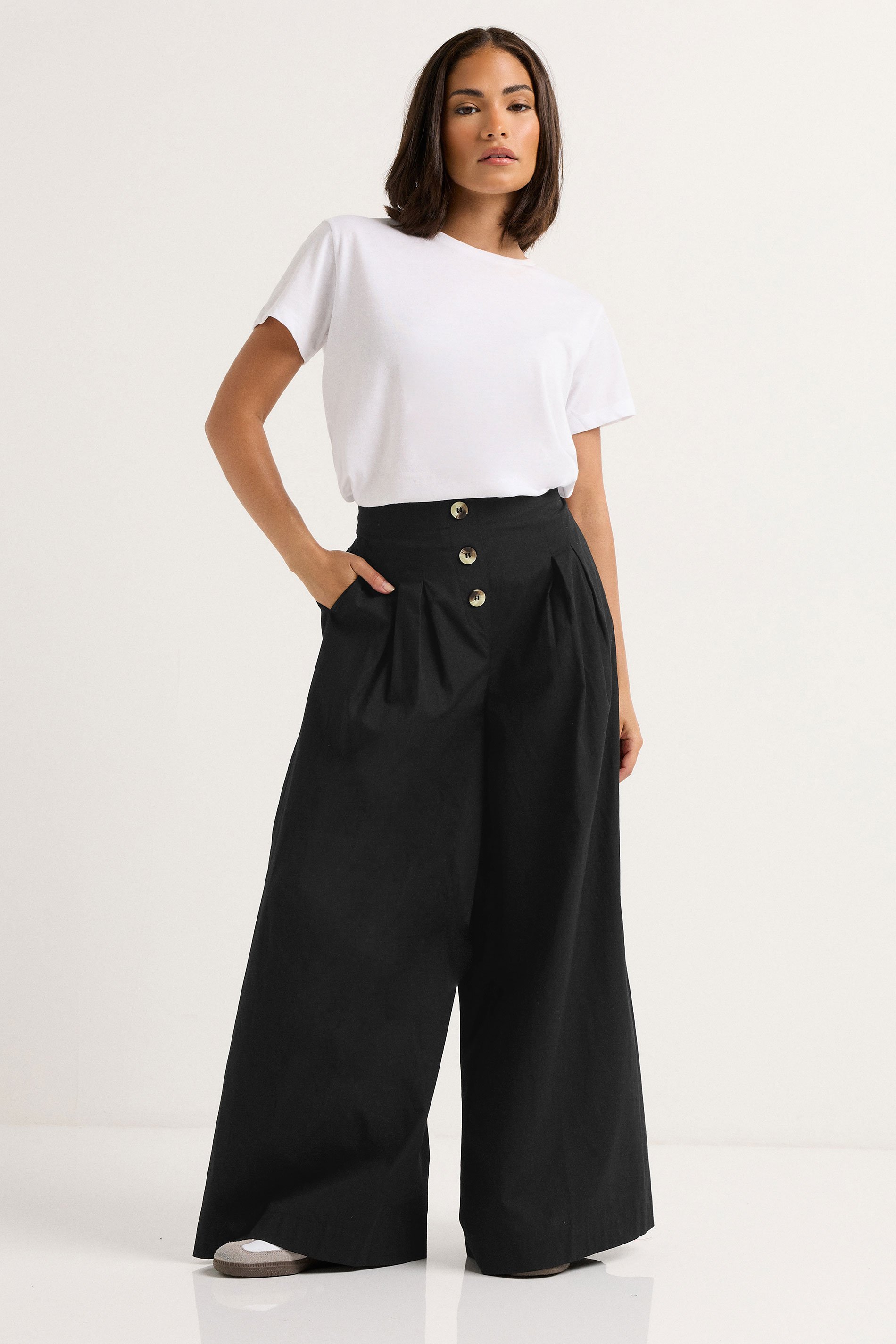 PixieGirl Petite Women's Black Button Wide Palazzo Trousers | PixieGirl 1
