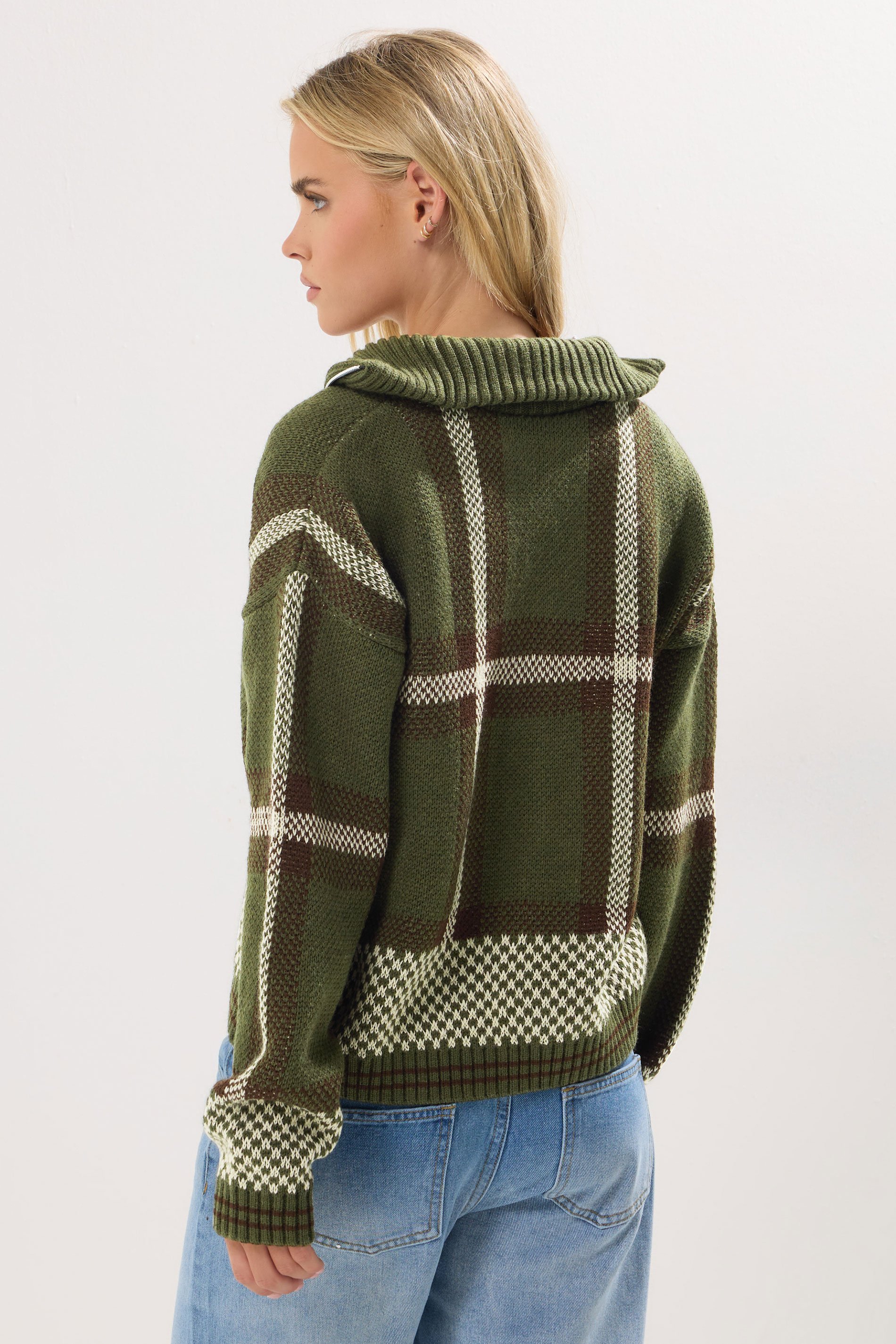 PixieGirl Petite Women's Green Knitted Check Zip Cardigan | PixieGirl 3