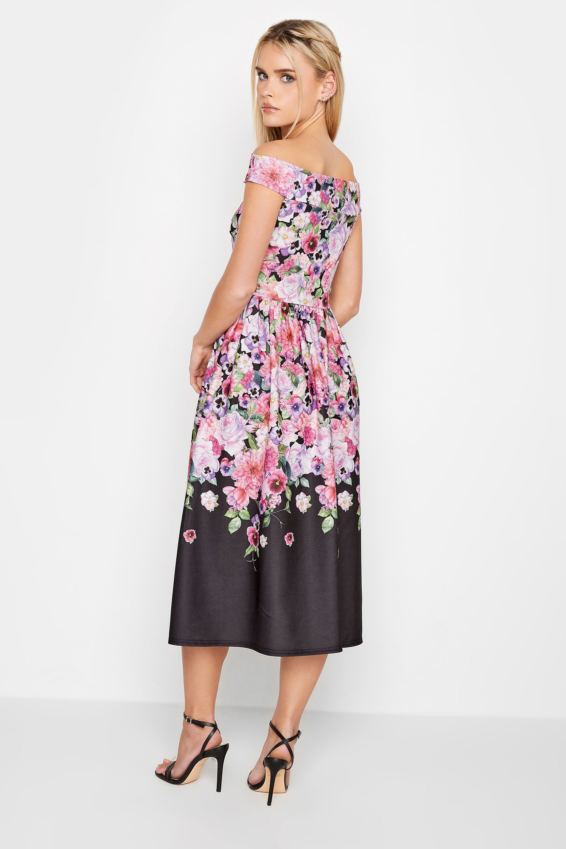 PixieGirl Black Floral Border Bardot Dress | PixieGirl 4