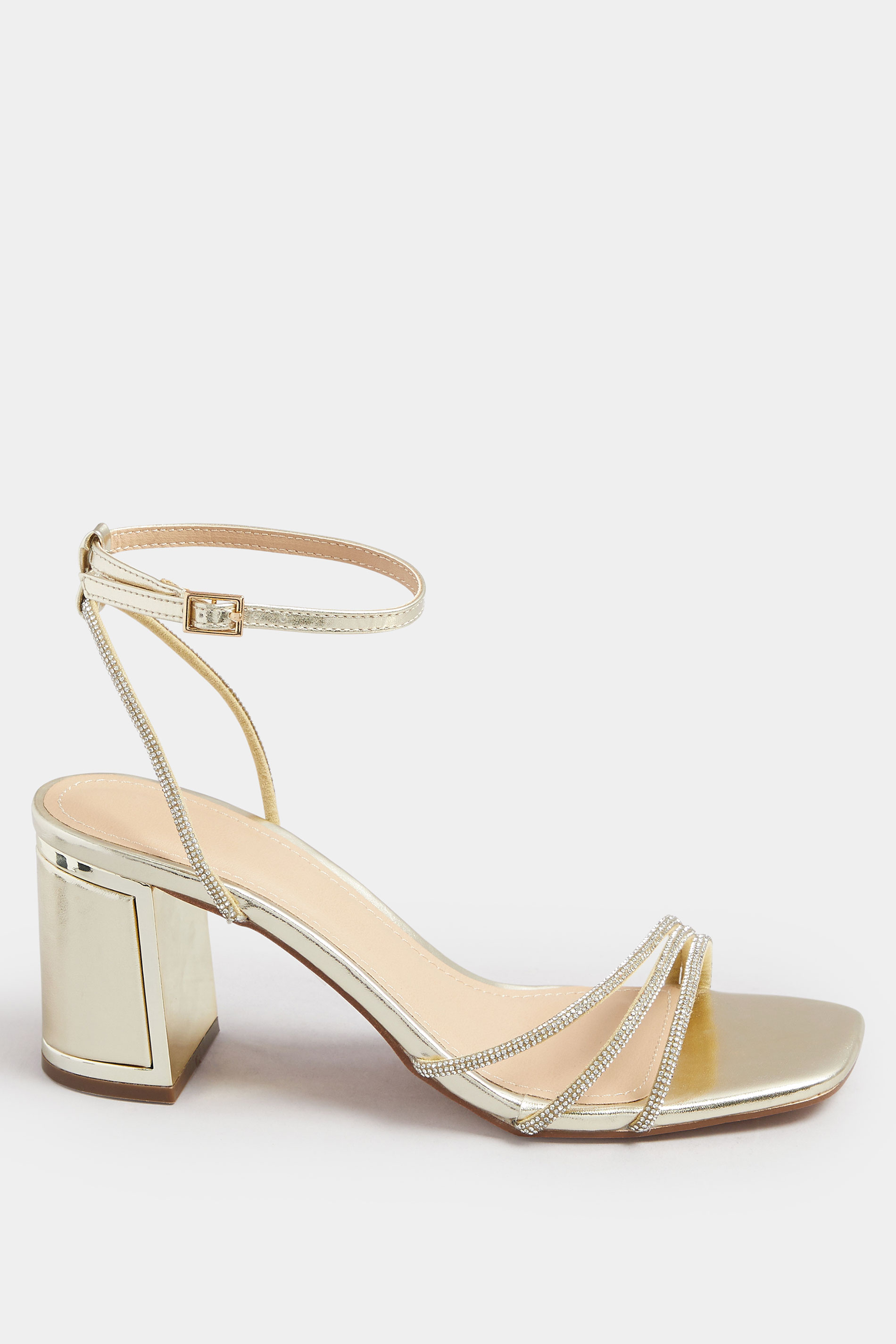 Gold Asymmetric Diamante Block Heel Sandals In Standard Fit | Yours Clothing 3