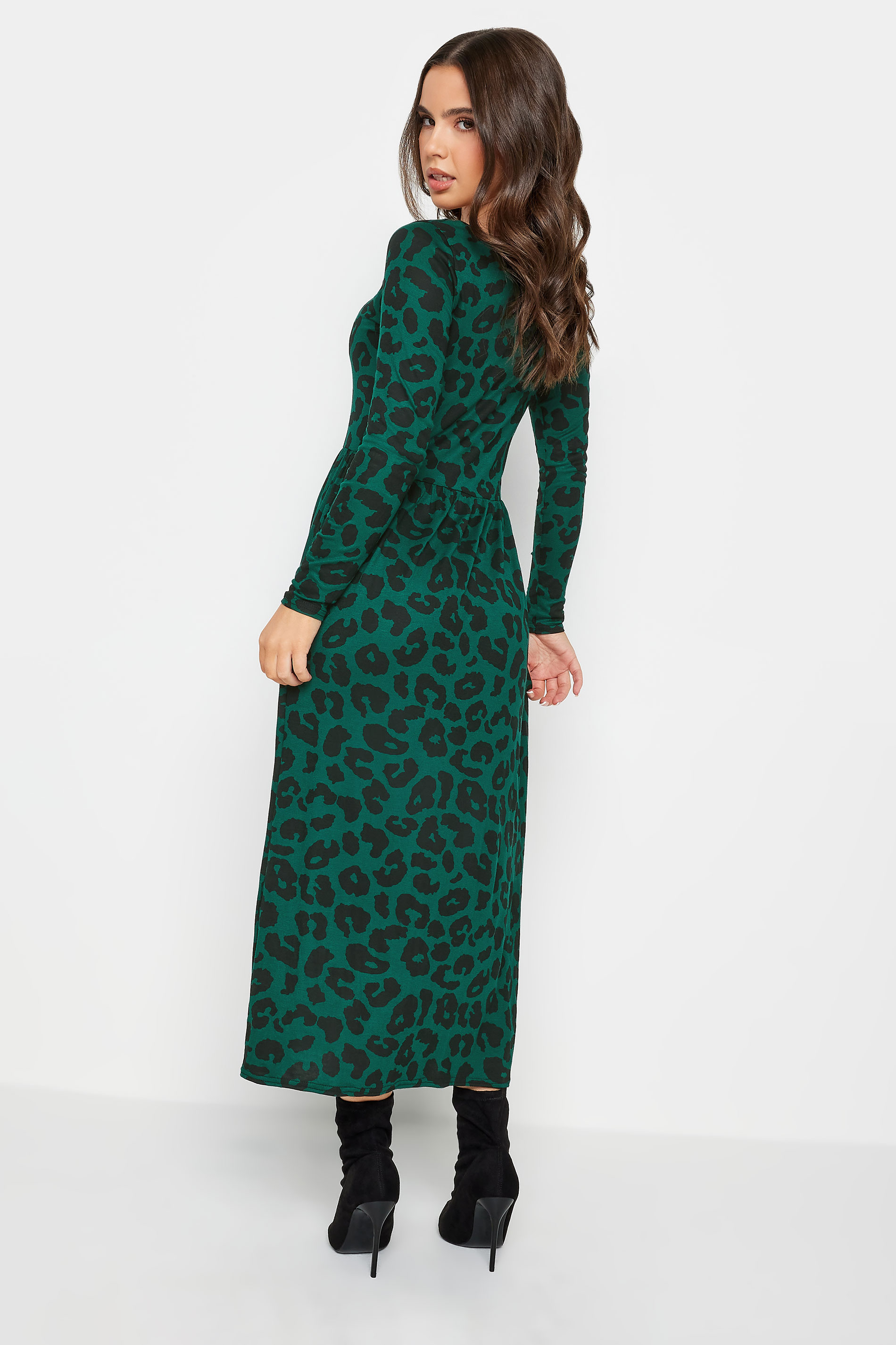 PixieGirl Petite Dark Green Leopard Print Long Sleeve Midi Dress | PixieGirl  3