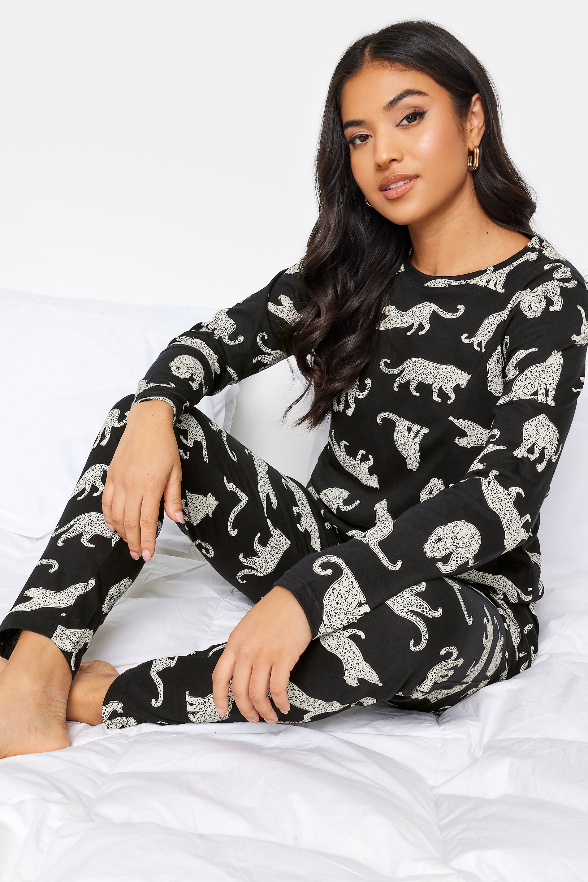 PixieGirl Petite Black Leopard Print Cuffed Pyjama Set | PixieGirl  1