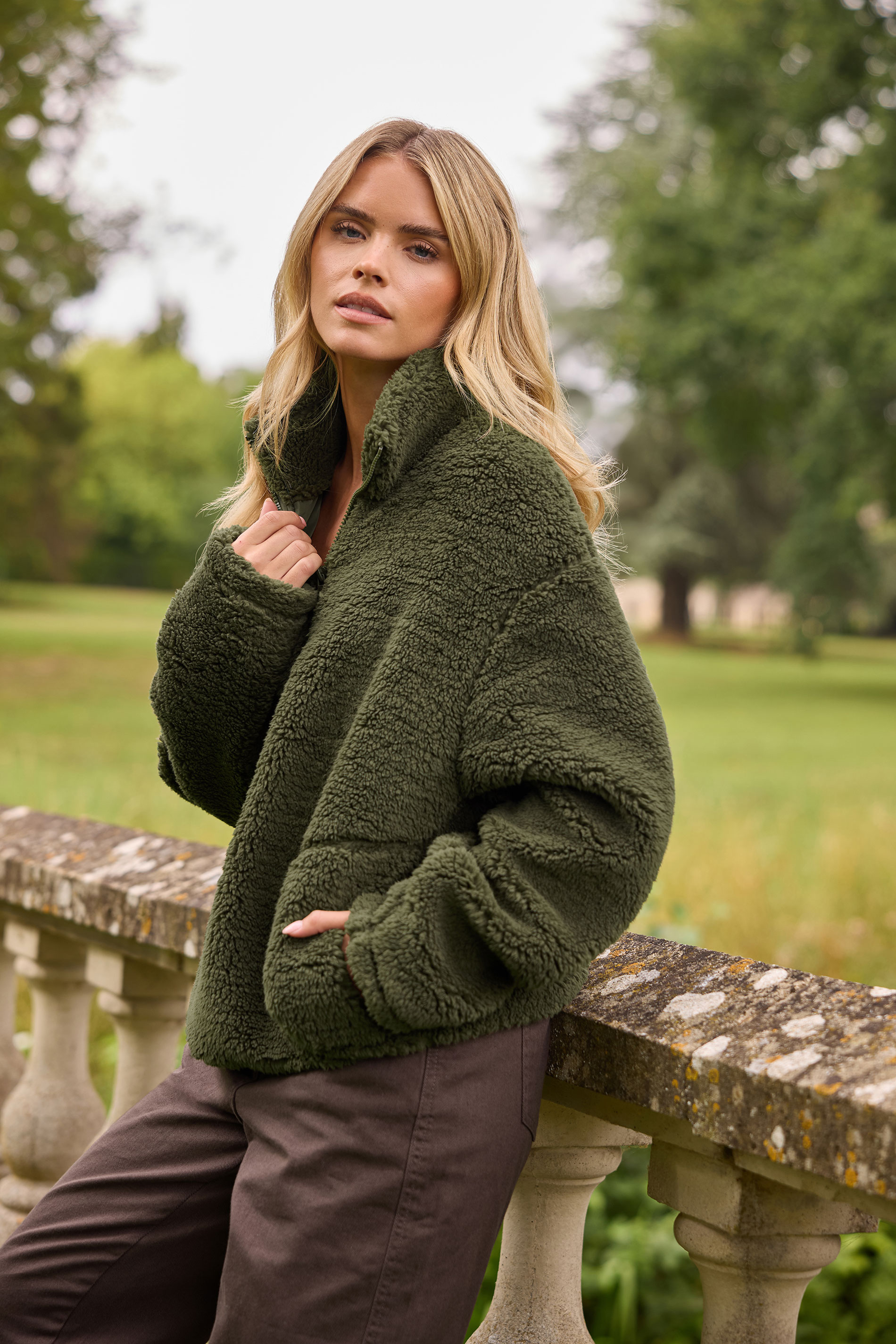 PixieGirl Petite Women's Khaki Green Half Zip Fleece Jacket | PixieGirl 1