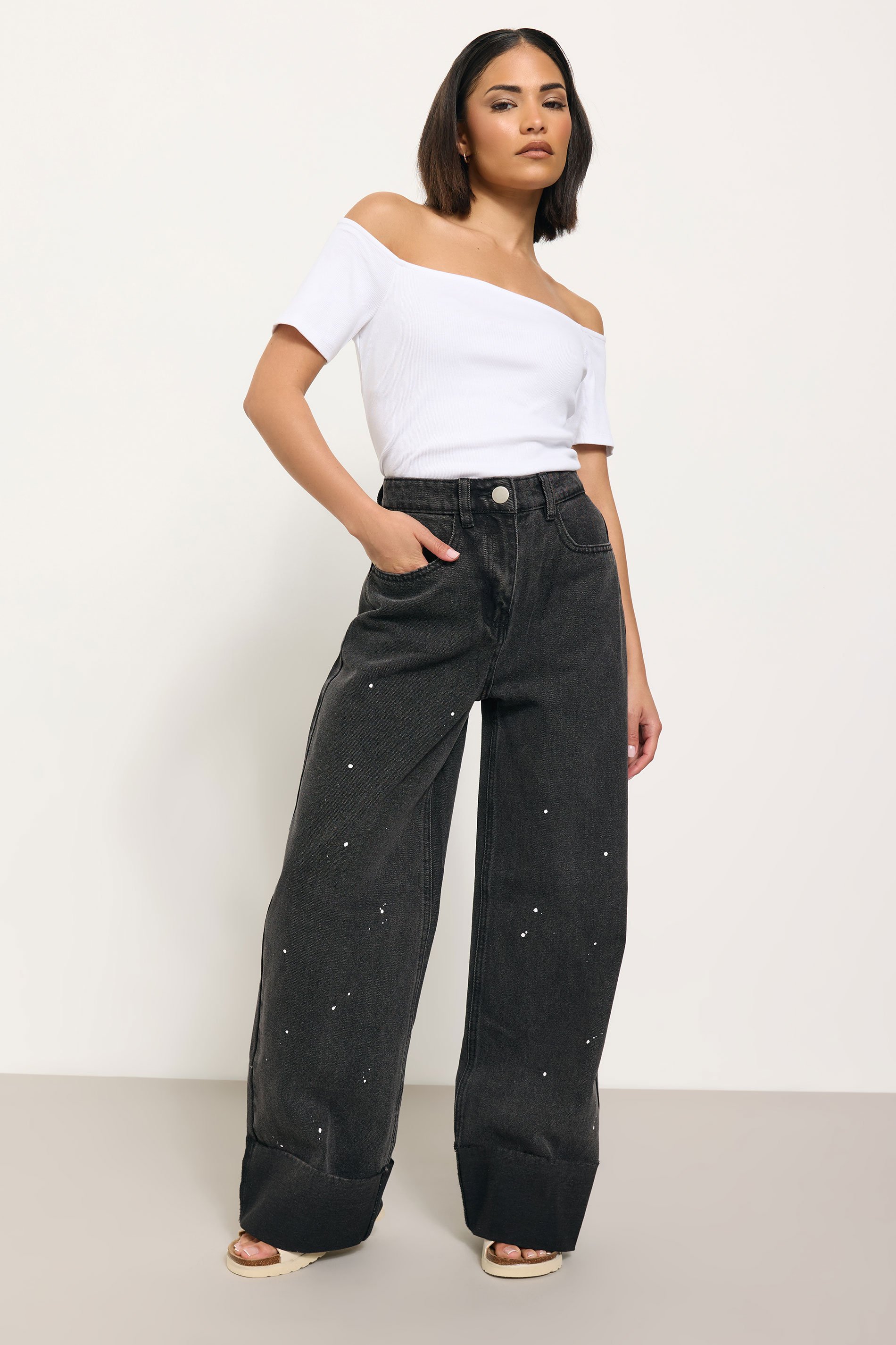 PixieGirl Petite Women's Black Paint Splatter Non-Stretch Wide Leg Jeans | PixieGirl 1