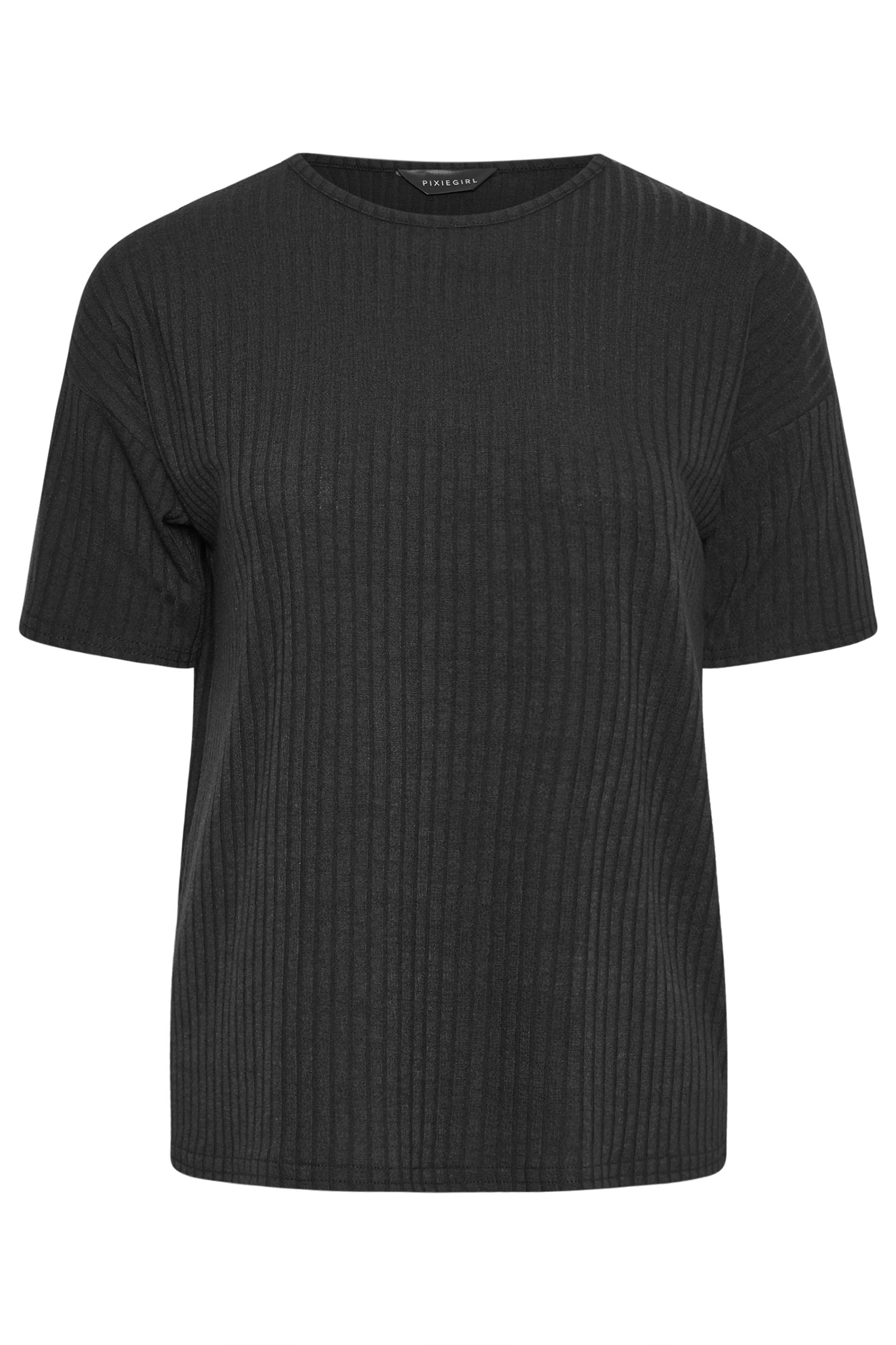 PixieGirl Petite Womens Black Ribbed Boxy T-Shirt | PixieGirl 5