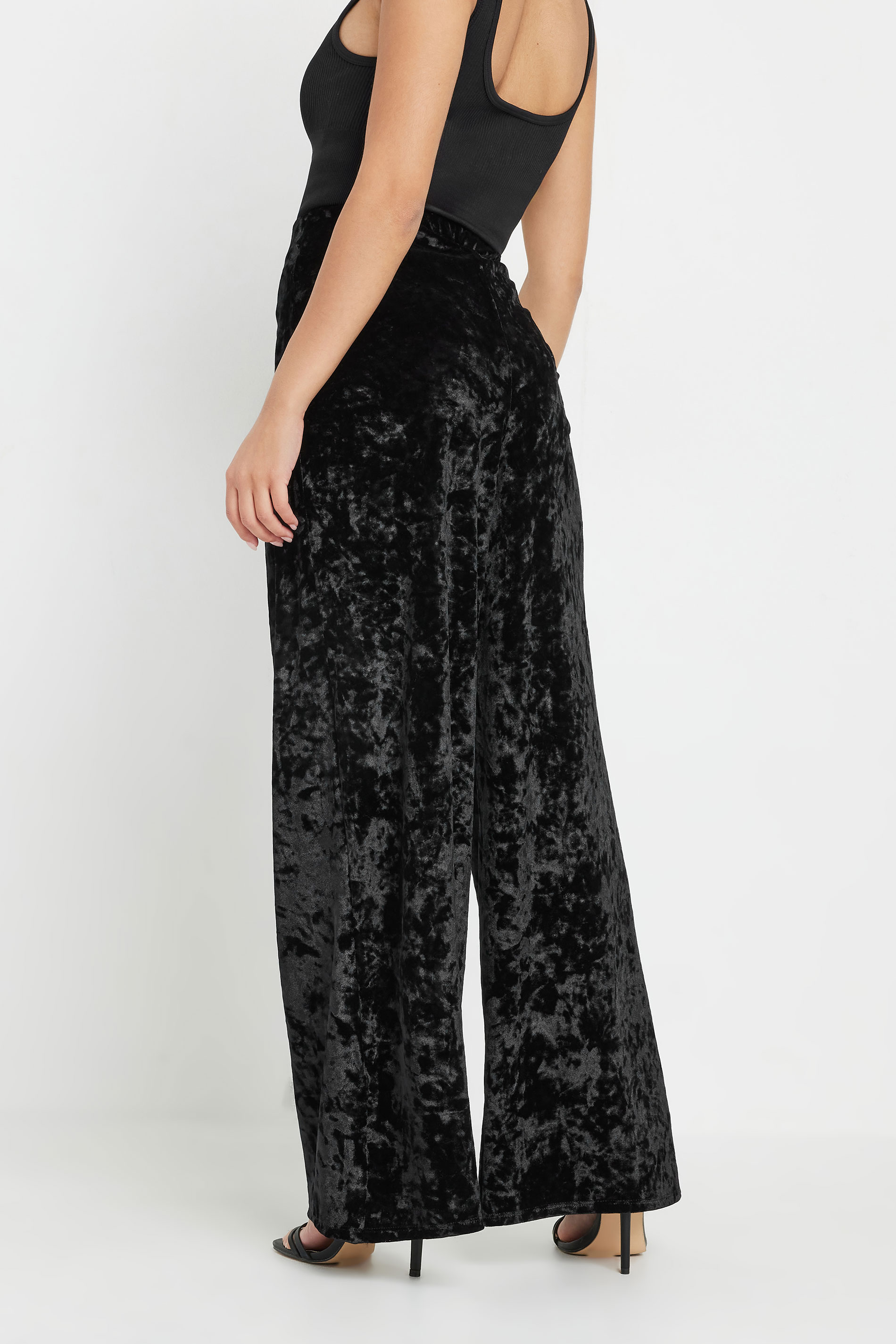 PixieGirl Petite Women's Black Crushed Velour Wide Leg Trousers | PixieGirl 3
