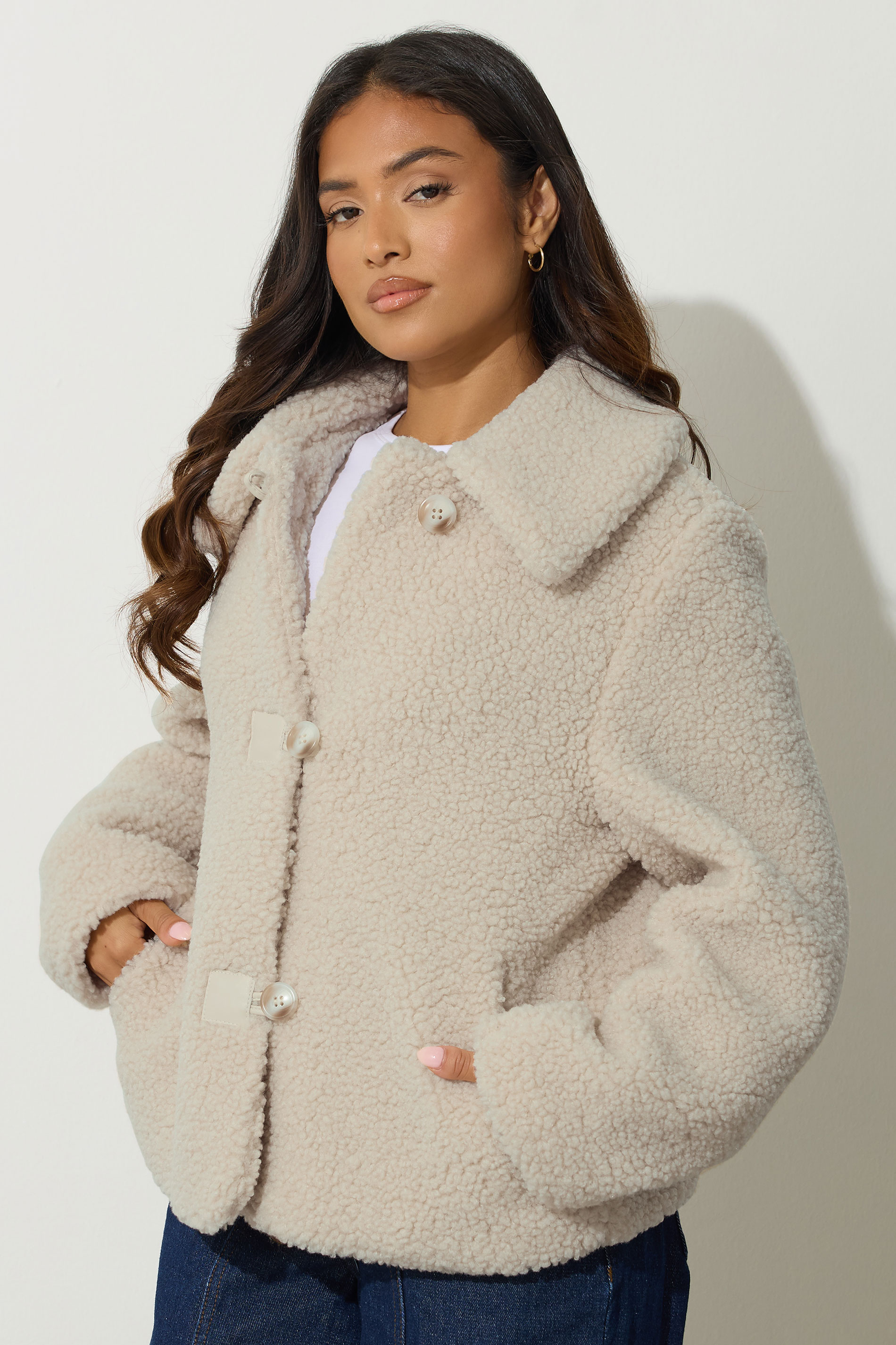 PixieGirl Petite Women's Ivory White Borg Button Jacket | PixieGirl 2