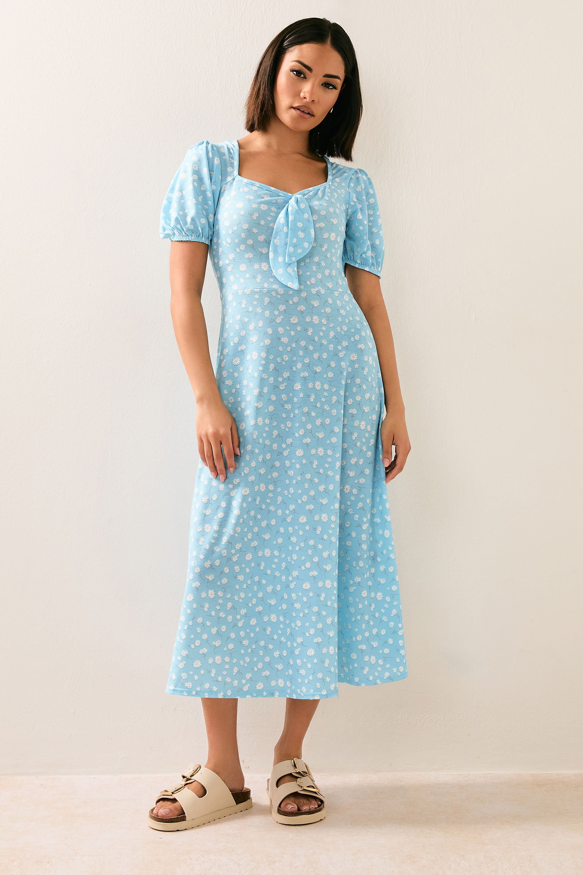 PixieGirl Petite Women's Blue Daisy Floral Tie Front Midi Dress | PixieGirl 3