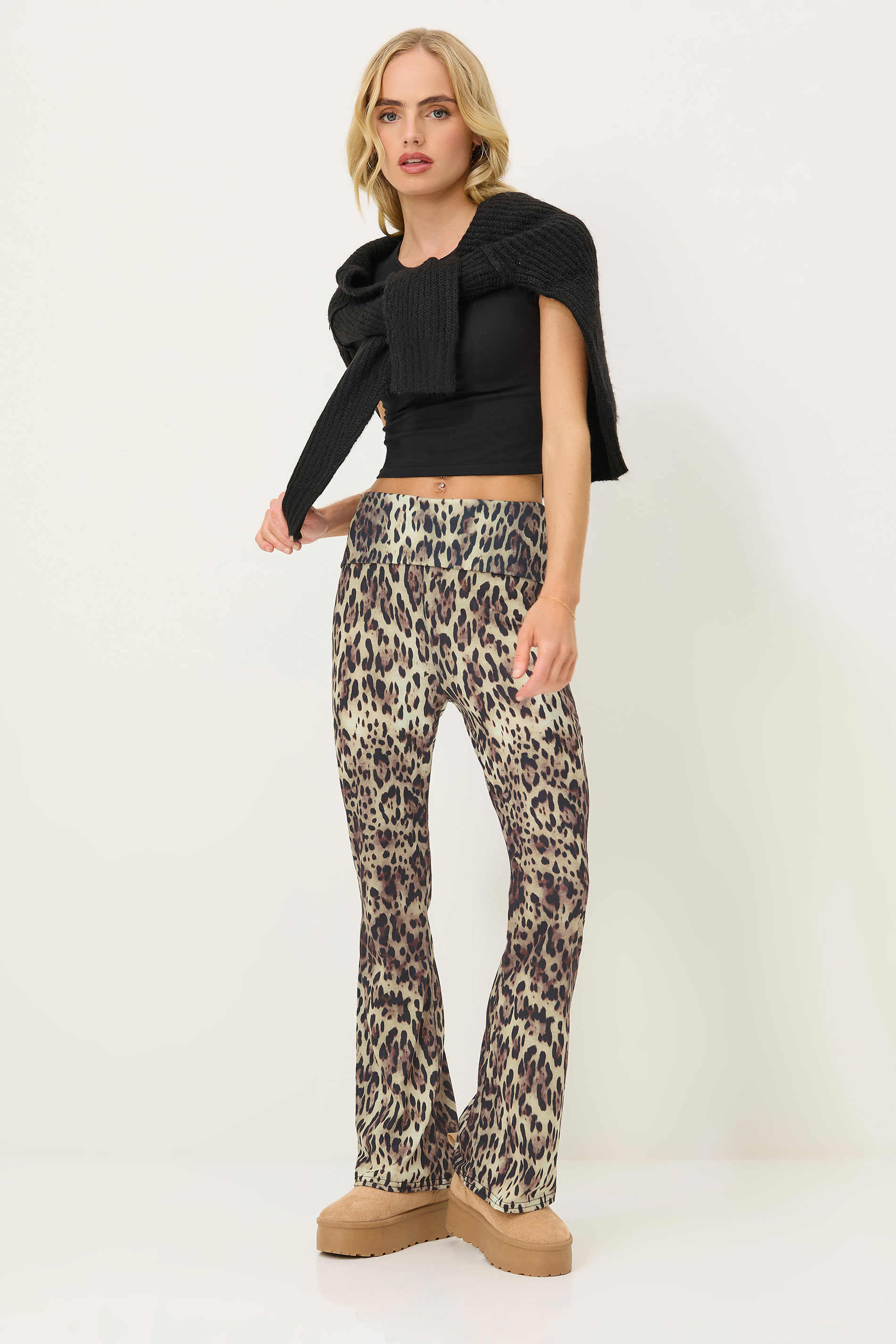 PixieGirl Petite Women's Natural Brown Leopard Print Fold Over Leggings 1